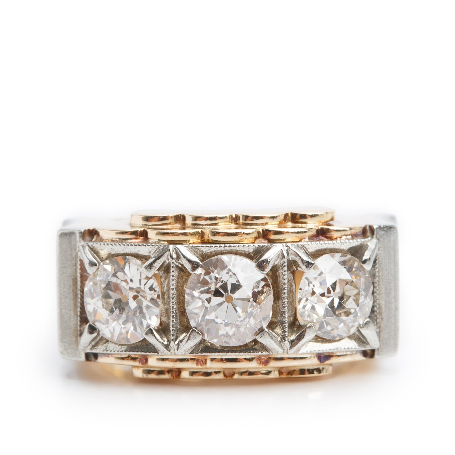 Antique 18k Yellow and White Gold Three Stone Diamond Ring, Size 7.5