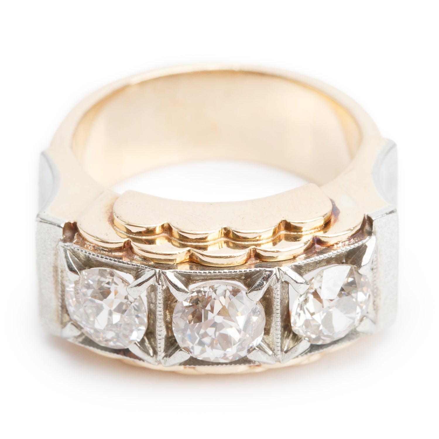 Antique 18k Yellow and White Gold Three Stone Diamond Ring, Size 7.5