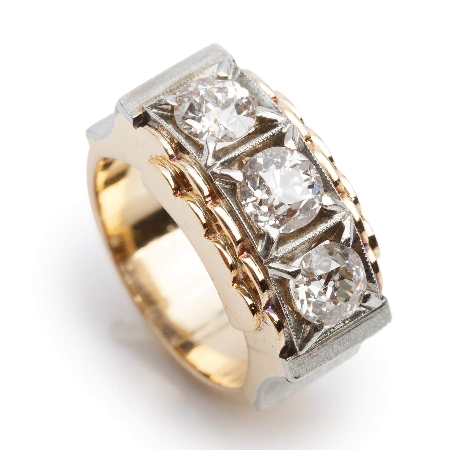 Antique 18k Yellow and White Gold Three Stone Diamond Ring, Size 7.5