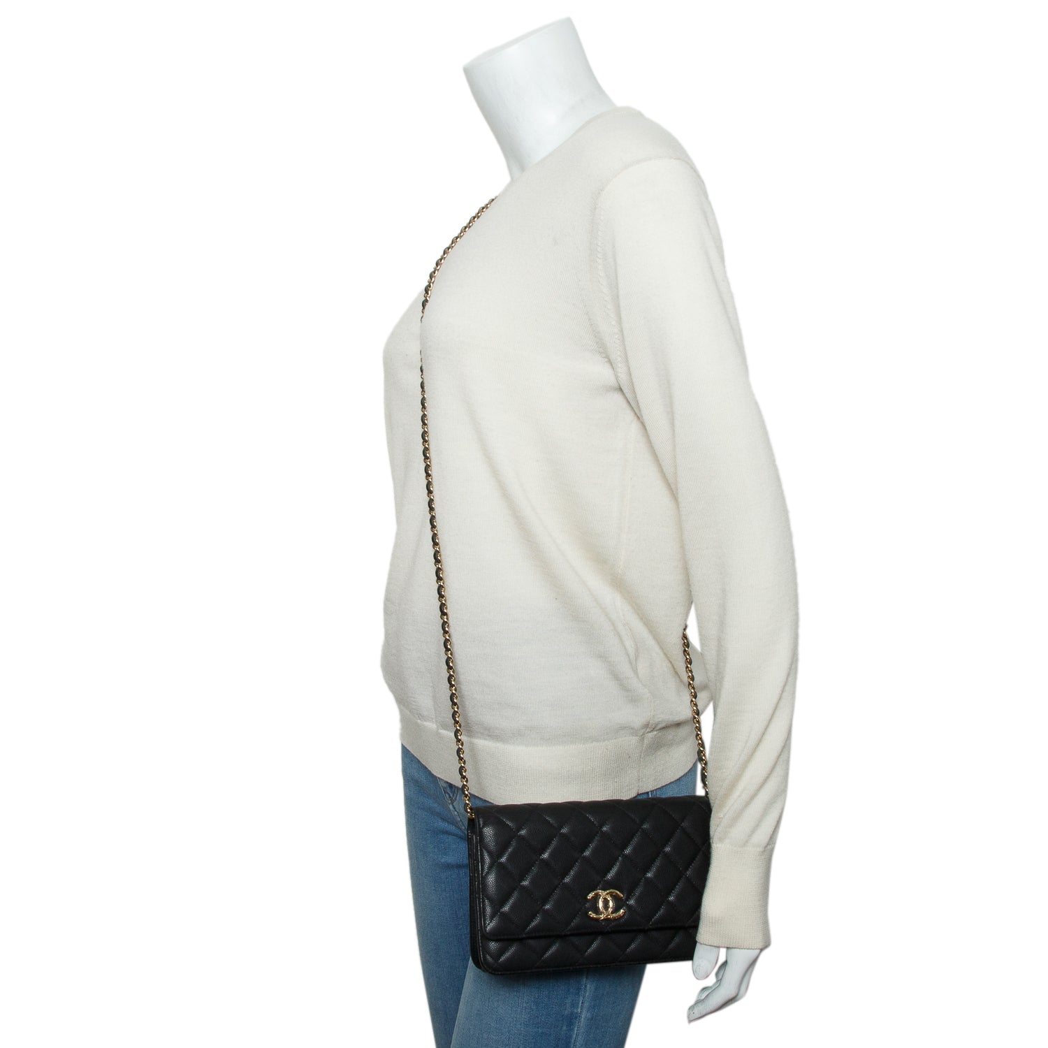 Chanel Black Caviar Quilted Embossed CC Wallet on Chain