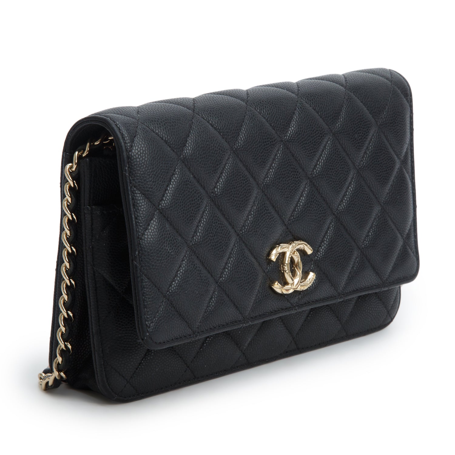 Chanel Black Caviar Quilted Embossed CC Wallet on Chain
