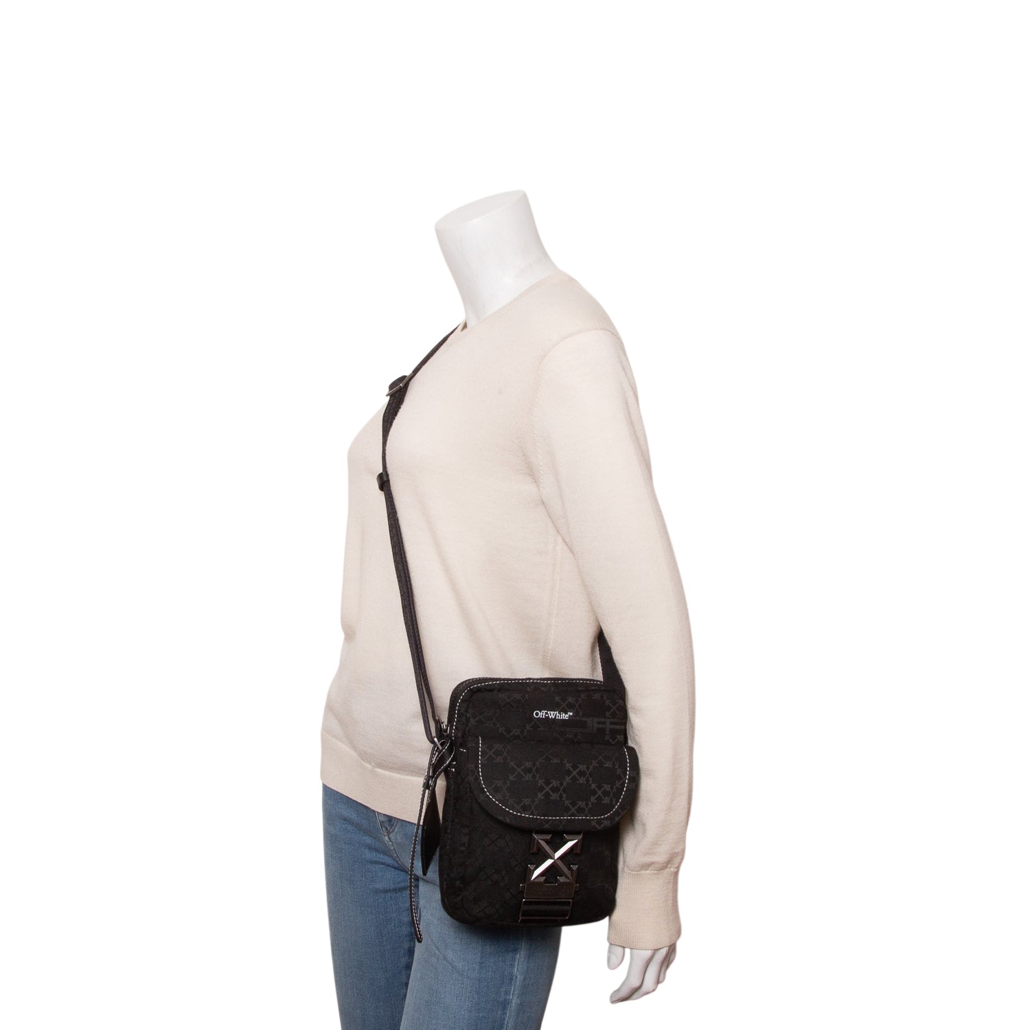 Off-White Black Canvas North/South Flight Multi Pocket Crossbody Bag