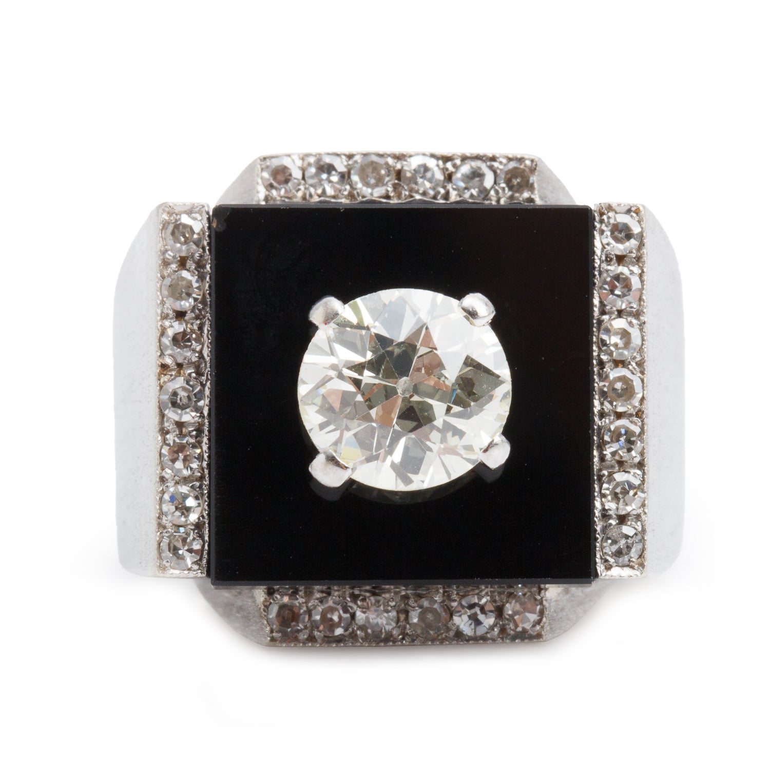 Gents 10k White Gold Black Onyx and Diamond Ring, Size 8.25