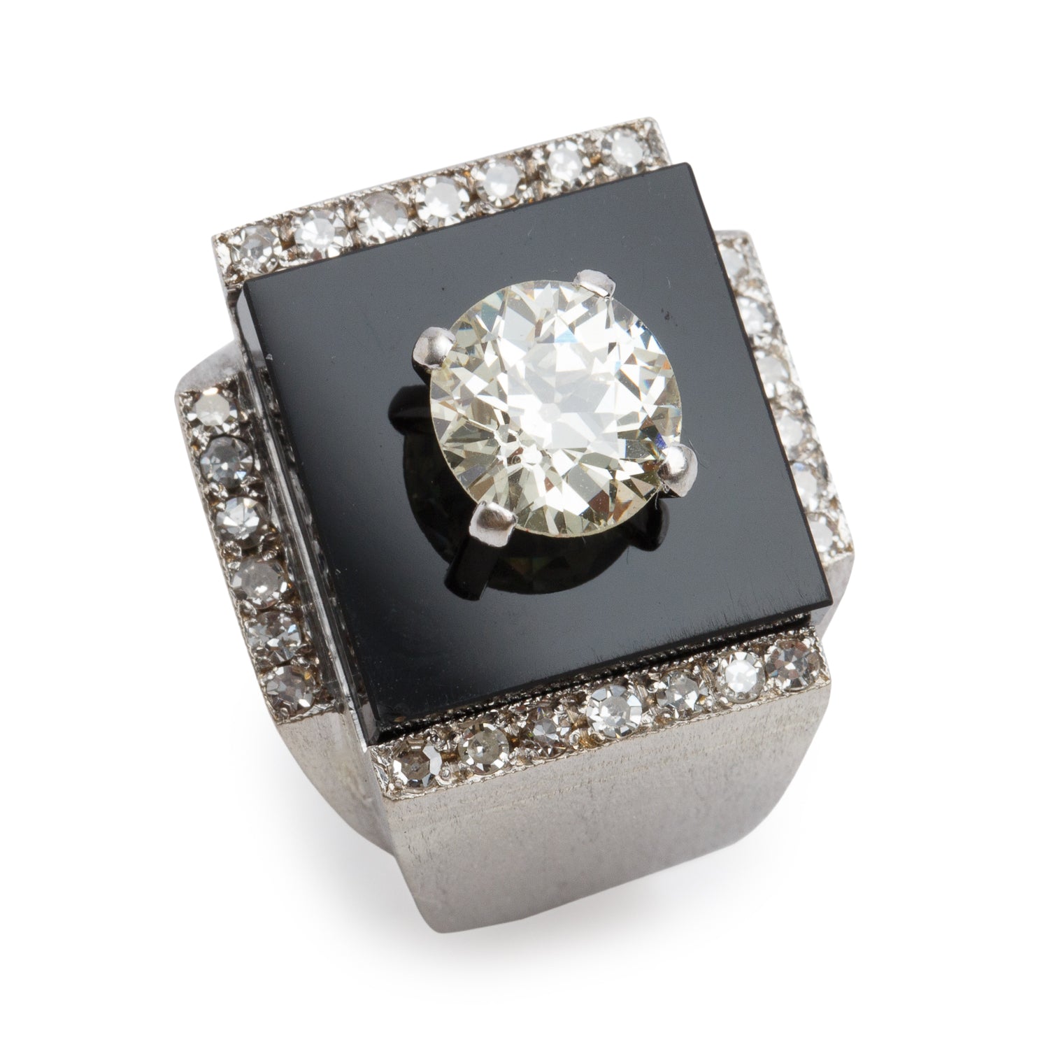 Gents 10k White Gold Black Onyx and Diamond Ring, Size 8.25