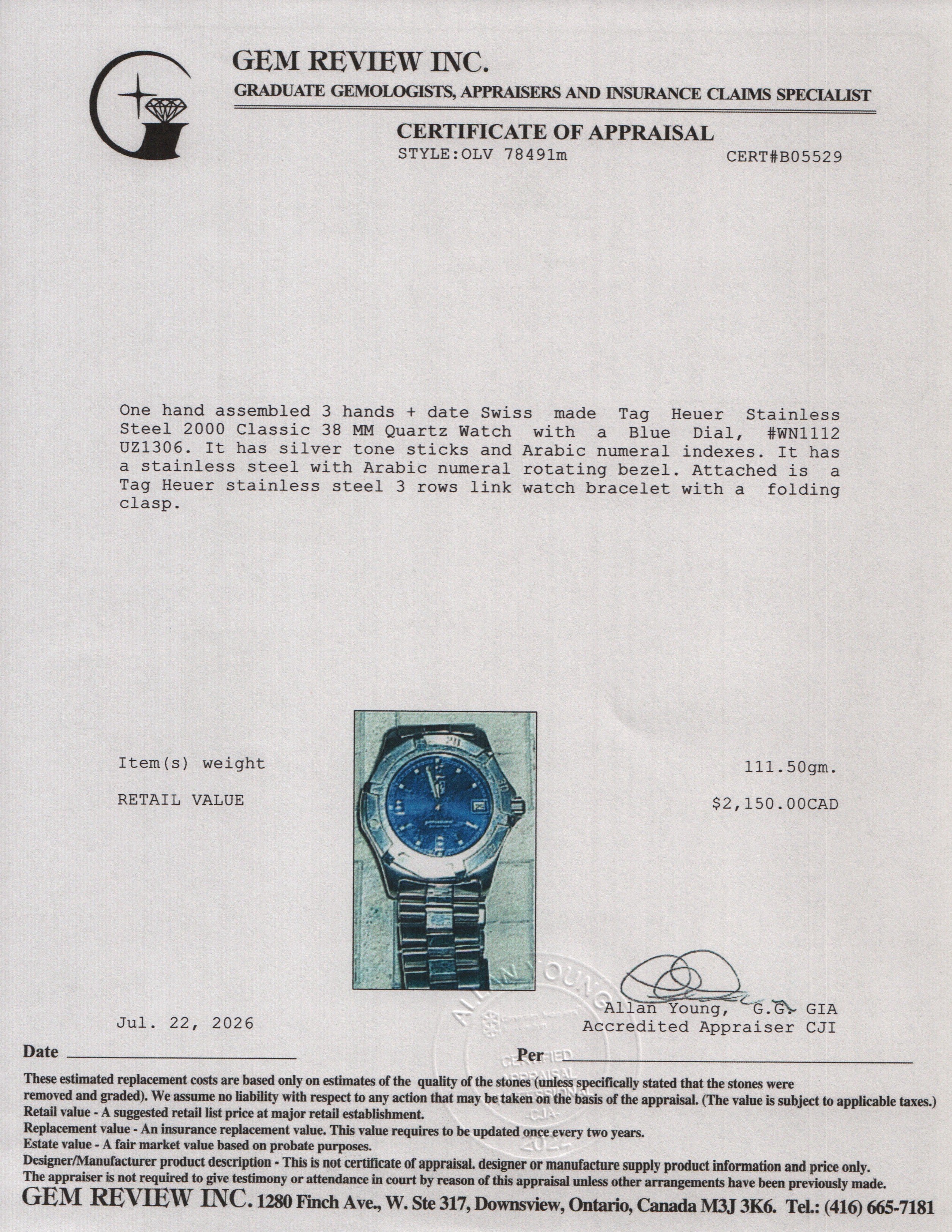 Tag Heuer Stainless Steel 2000 Classic 38 MM Quartz Watch Blue Dial WN1112