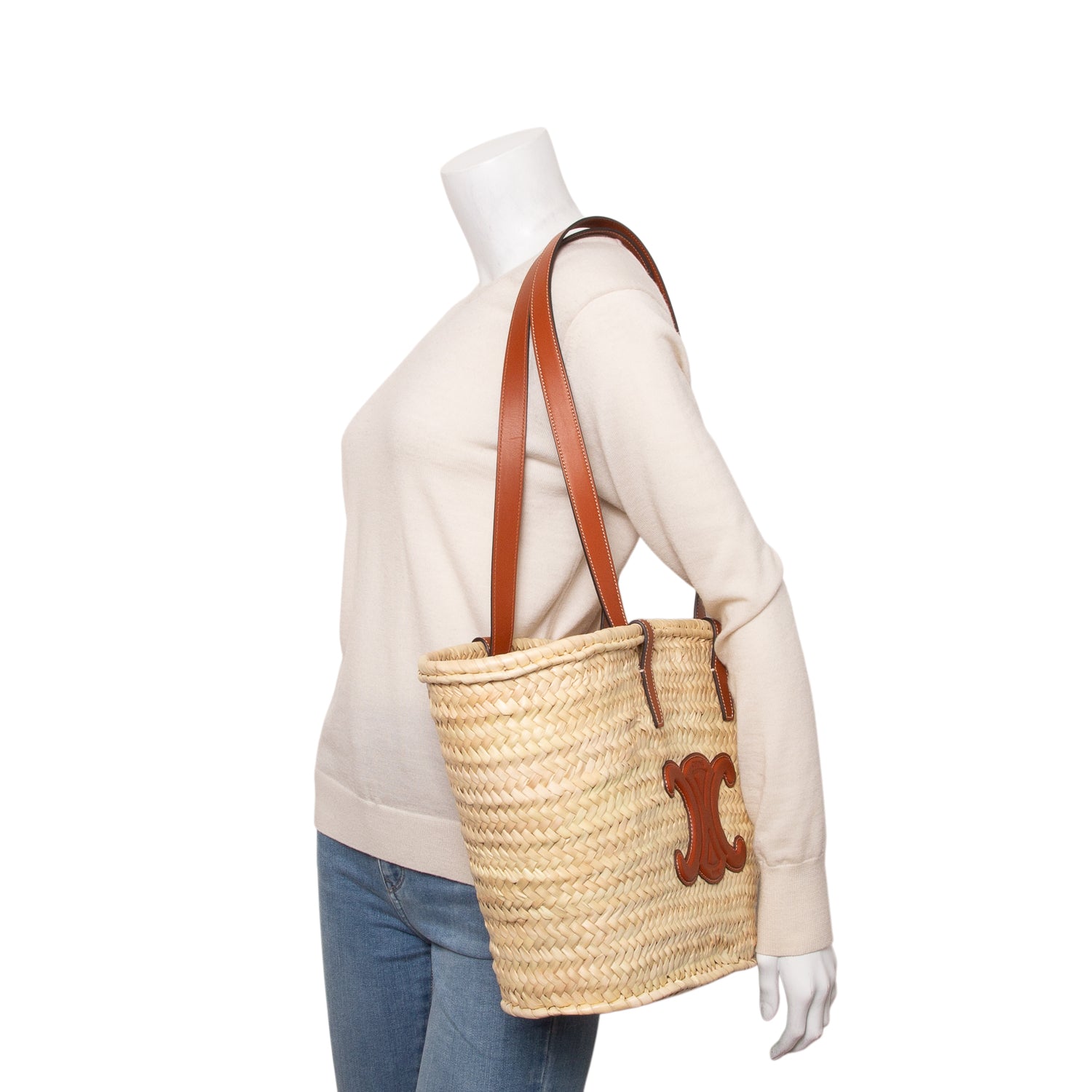 Celine Raffia Calfskin Triomphe Medium Classic Panier