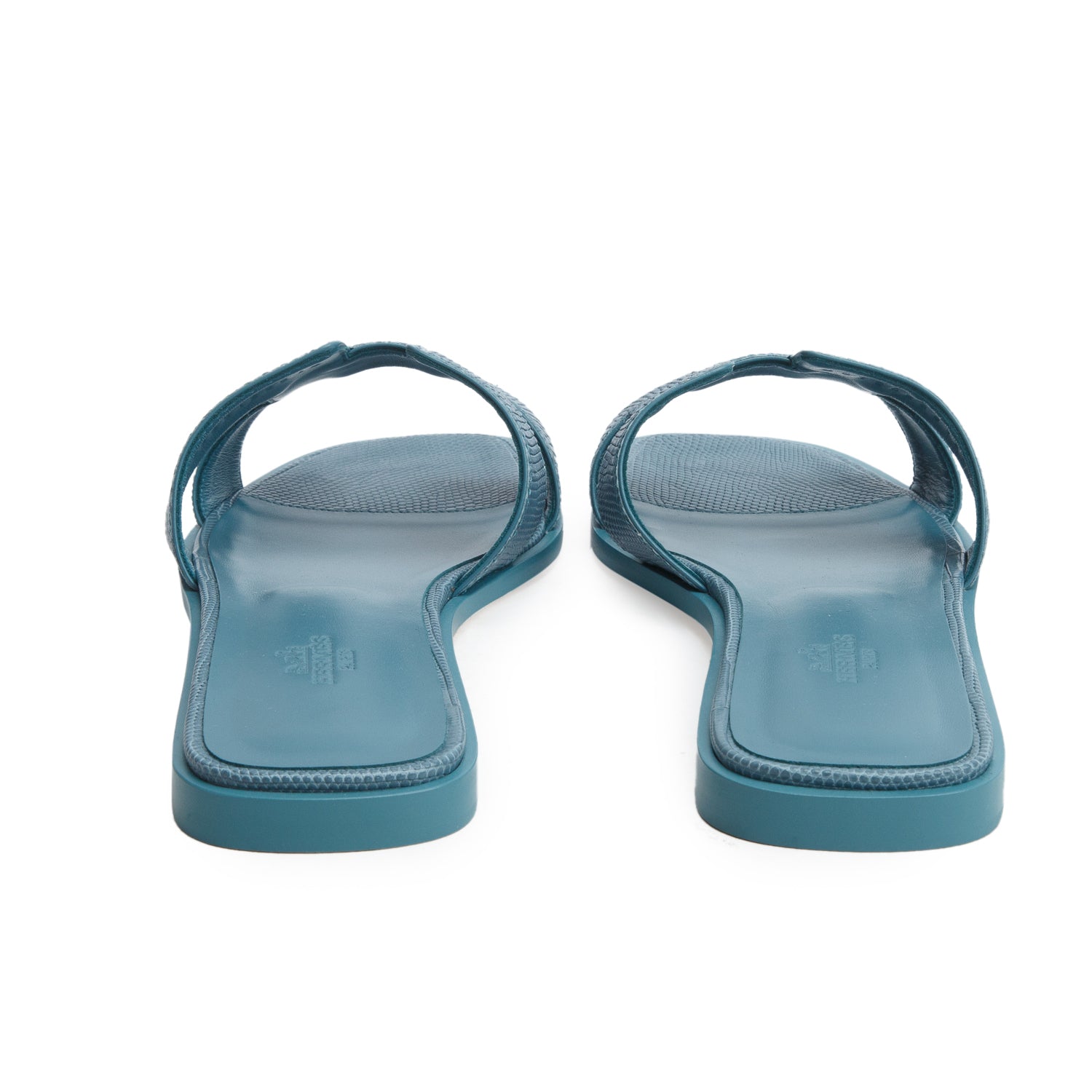 Hermes Bleu Paon Shiny Java Lizard Oran Sandals, Size 40 w/ Women's Box