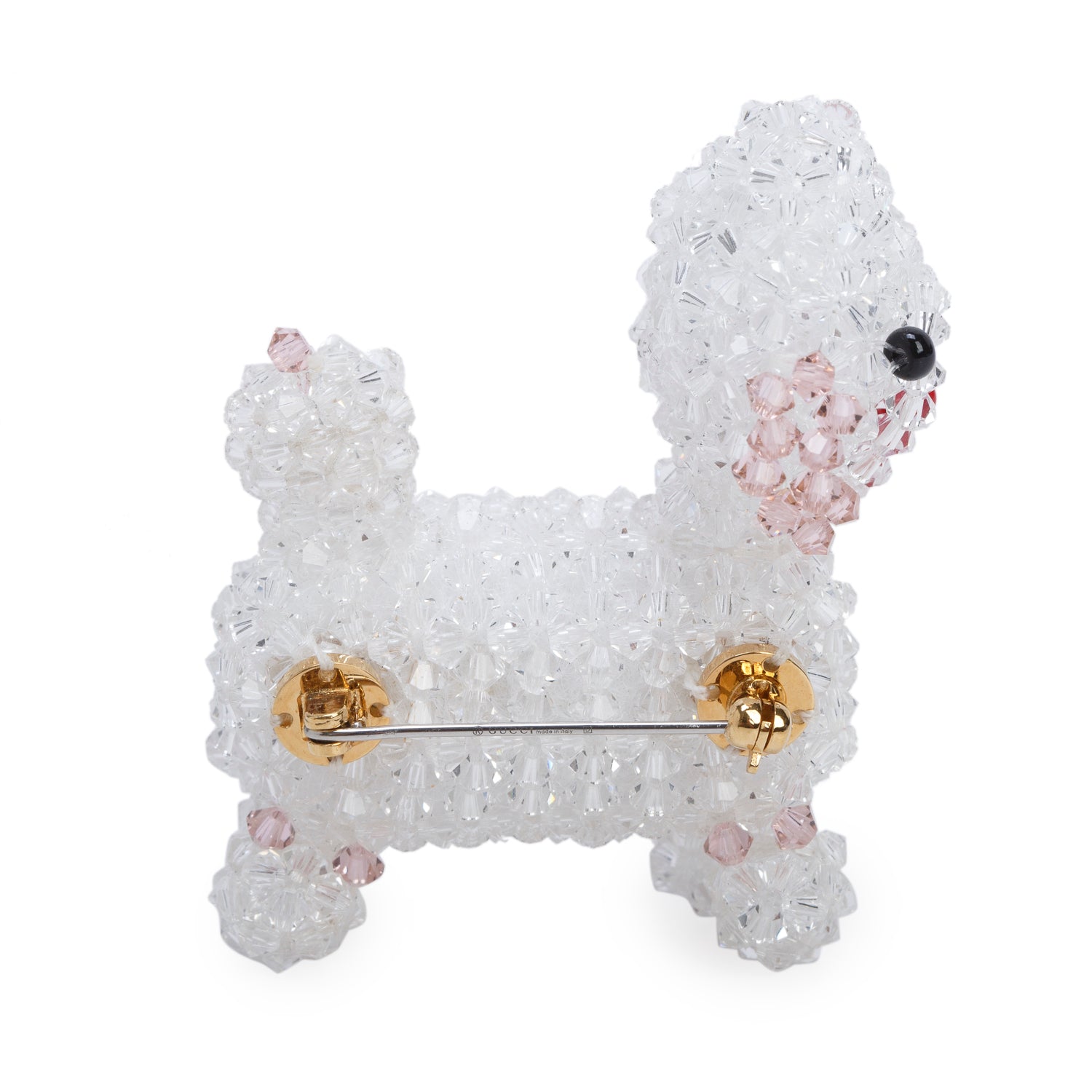 Gucci Gold Plated Metal Bead Embroidered Dog Pin Brooch w/ Box