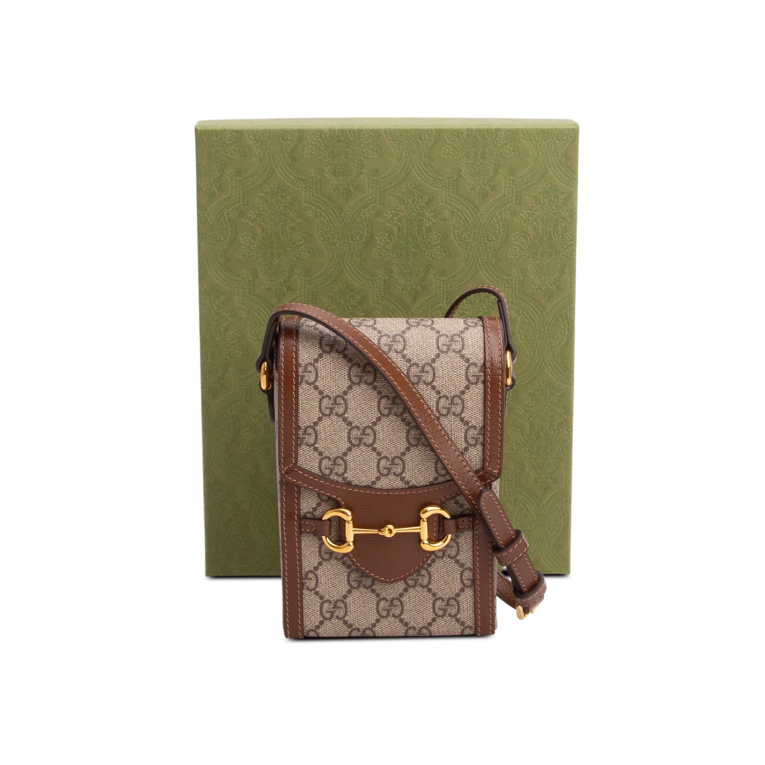 Gucci Brown GG Supreme Monogram Mini Horsebit 1955 Crossbody Bag w/ Box
