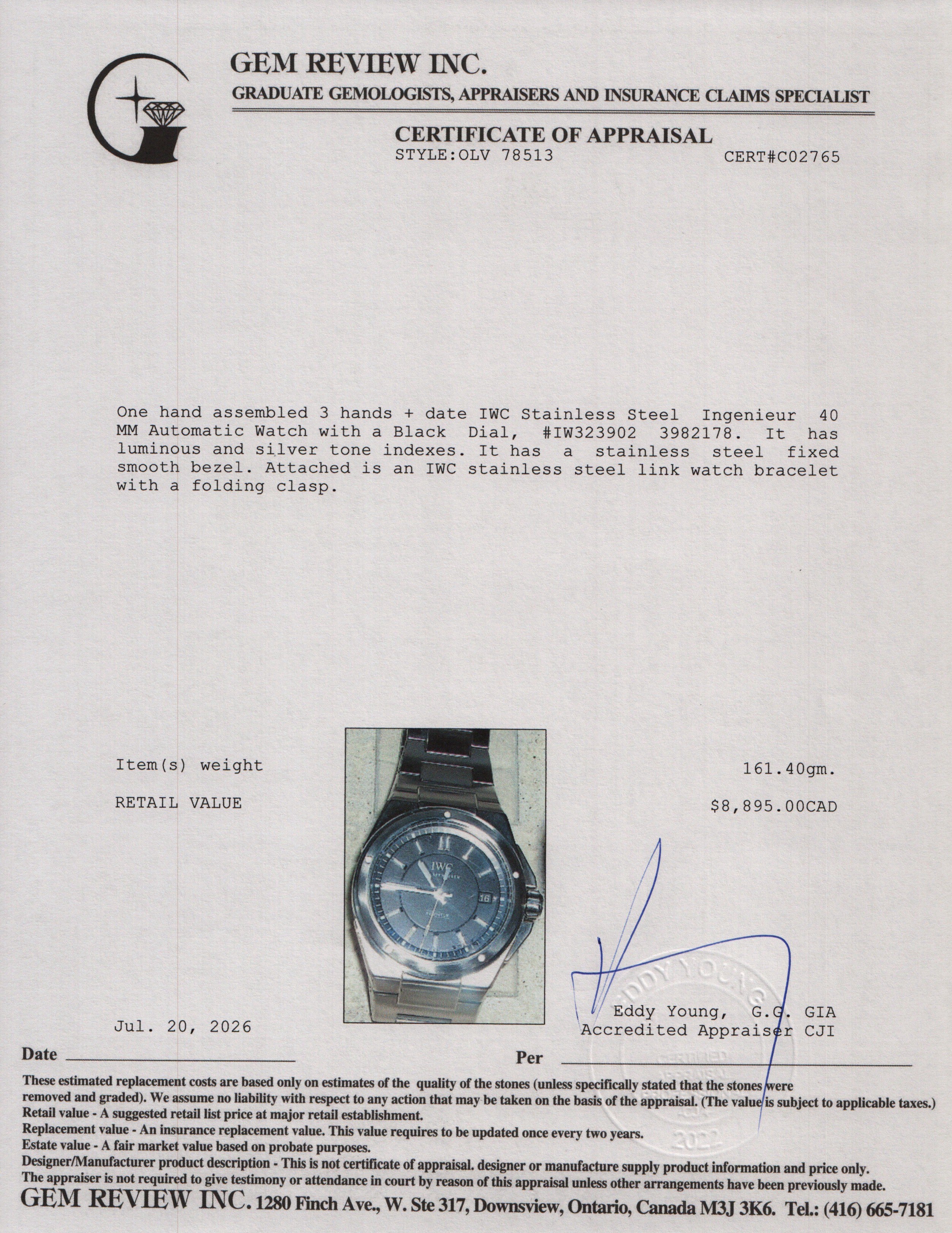 IWC Stainless Steel Ingenieur 40 MM Automatic Watch Black Dial IW323902