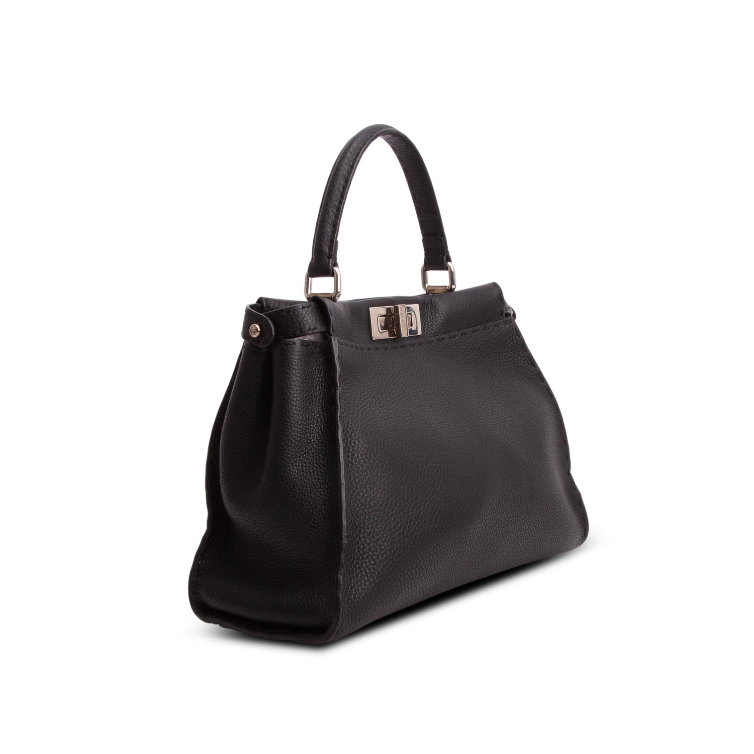 Fendi Black Cuioio Romano Selleria Medium Peekaboo Iconic Satchel w/ Strap