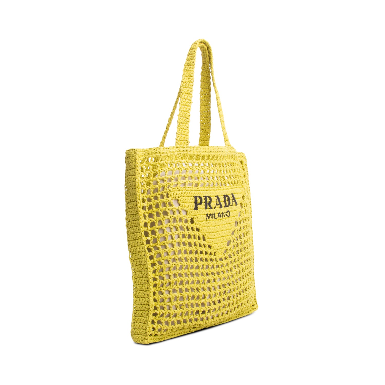 Prada Yellow Raffia Crochet Logo Embroidered Tote Bag w/ Authenticity Card