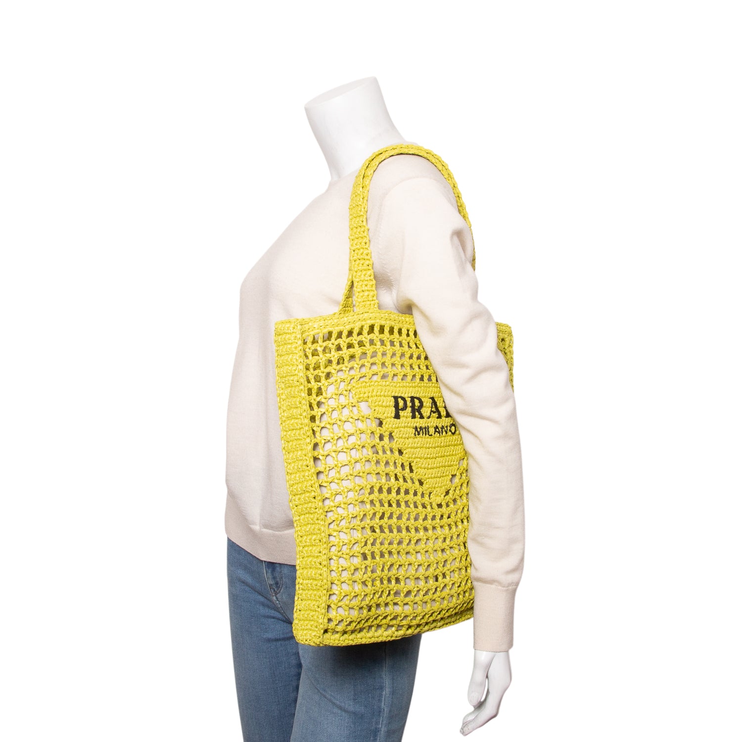 Prada Yellow Raffia Crochet Logo Embroidered Tote Bag w/ Authenticity Card
