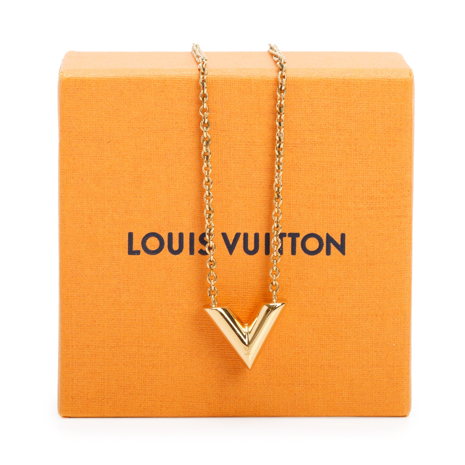 Louis Vuitton 2021 Gold-Tone Metal Essential V Pendant Necklace w/ Box