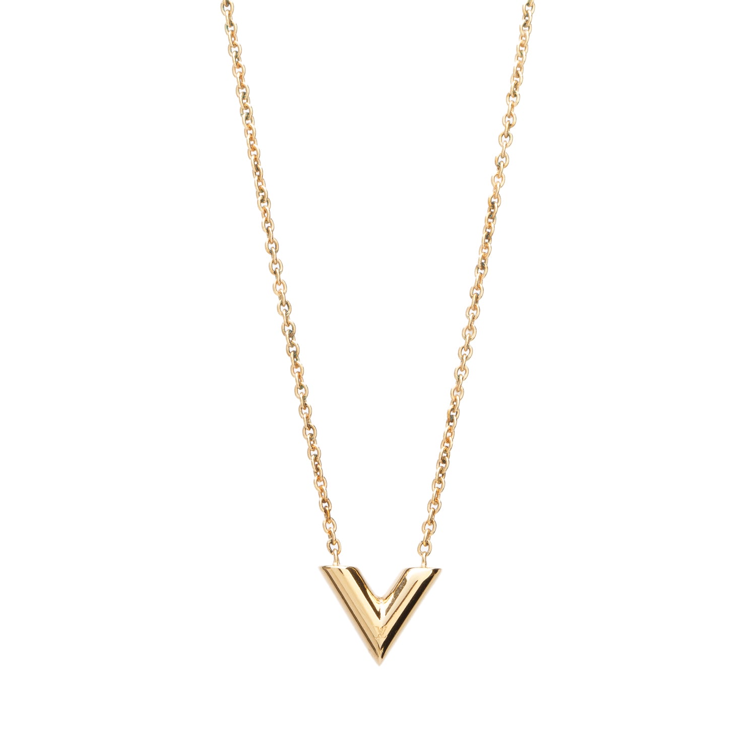 Louis Vuitton 2021 Gold-Tone Metal Essential V Pendant Necklace w/ Box