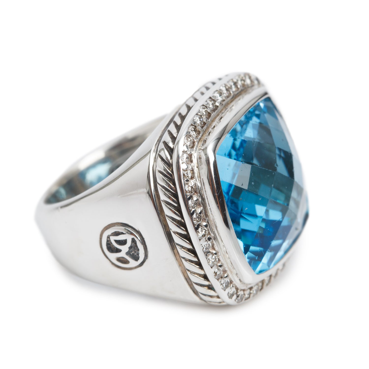 David Yurman Sterling Silver 15 MM Blue Topaz & Diamond Albion Ring, Size 6