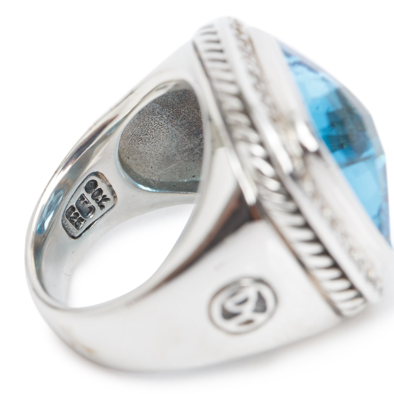 David Yurman Sterling Silver 15 MM Blue Topaz & Diamond Albion Ring, Size 6