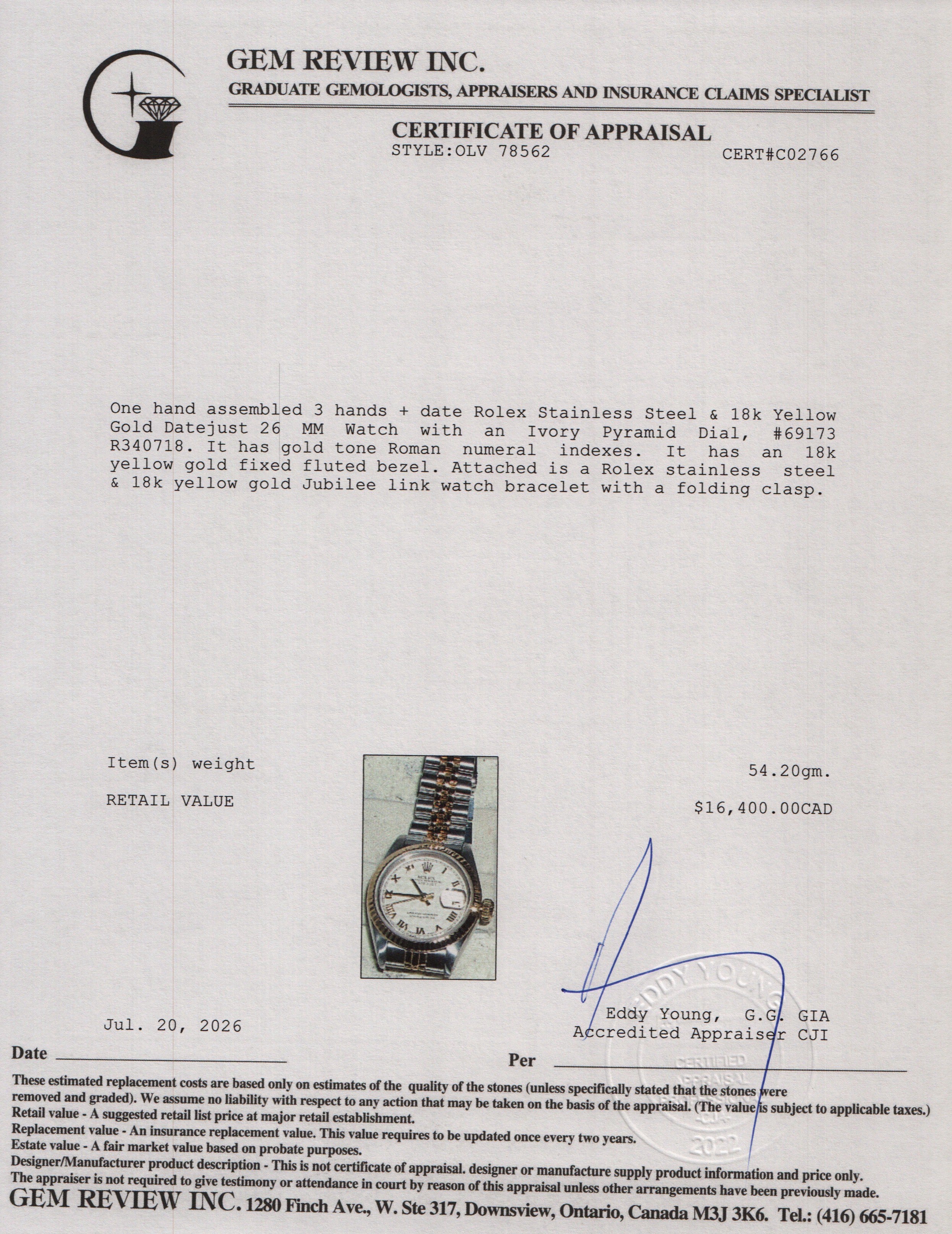 Rolex Stainless Steel & 18k Yellow Gold Datejust 26 MM Watch Ivory Pyramid Dial 69173 w/ Box & Papers