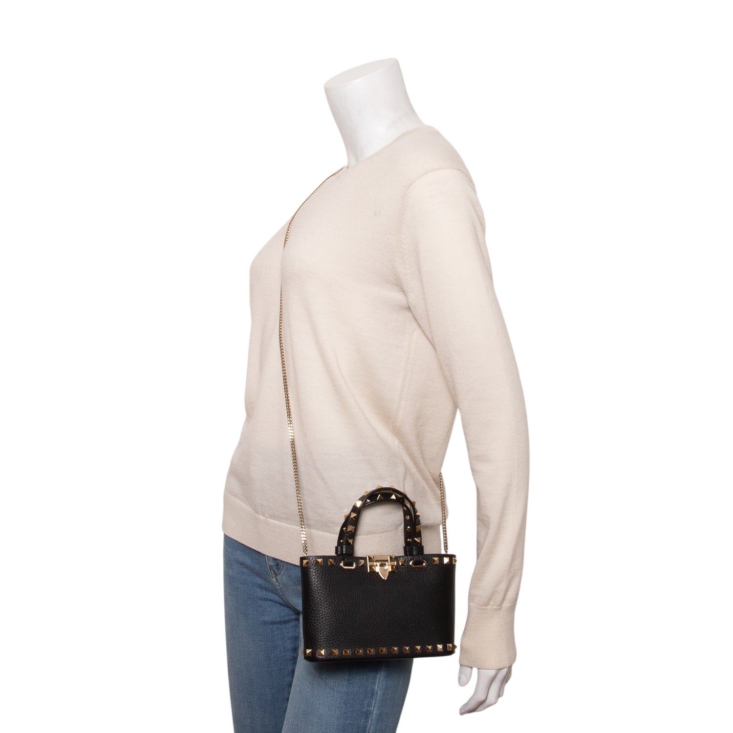 Valentino Black Grainy Calfskin Mini Rockstud Shopping Bag w/ Chain