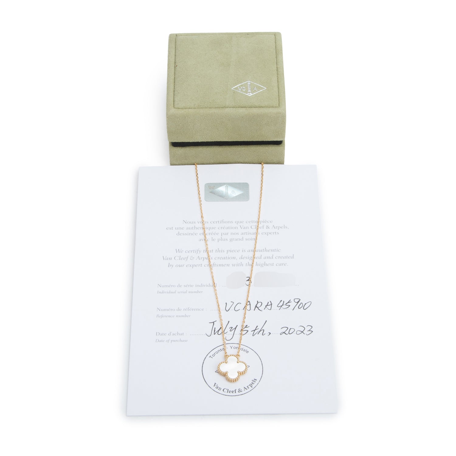 Van Cleef & Arpels 2023 18k Yellow Gold Vintage Alhambra Mother of Pearl Pendant Necklace w/ Box & Certificate