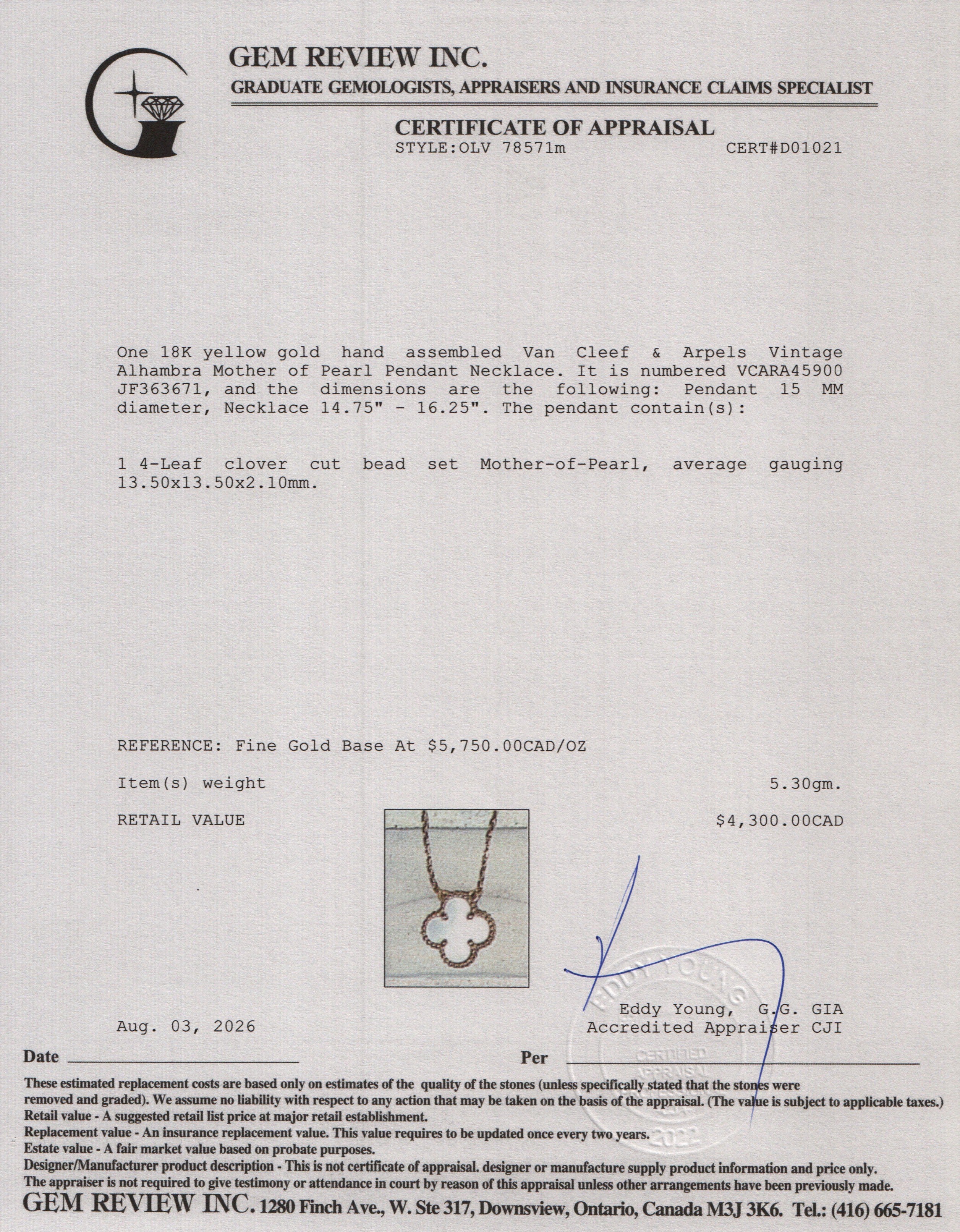 Van Cleef & Arpels 2023 18k Yellow Gold Vintage Alhambra Mother of Pearl Pendant Necklace w/ Box & Certificate