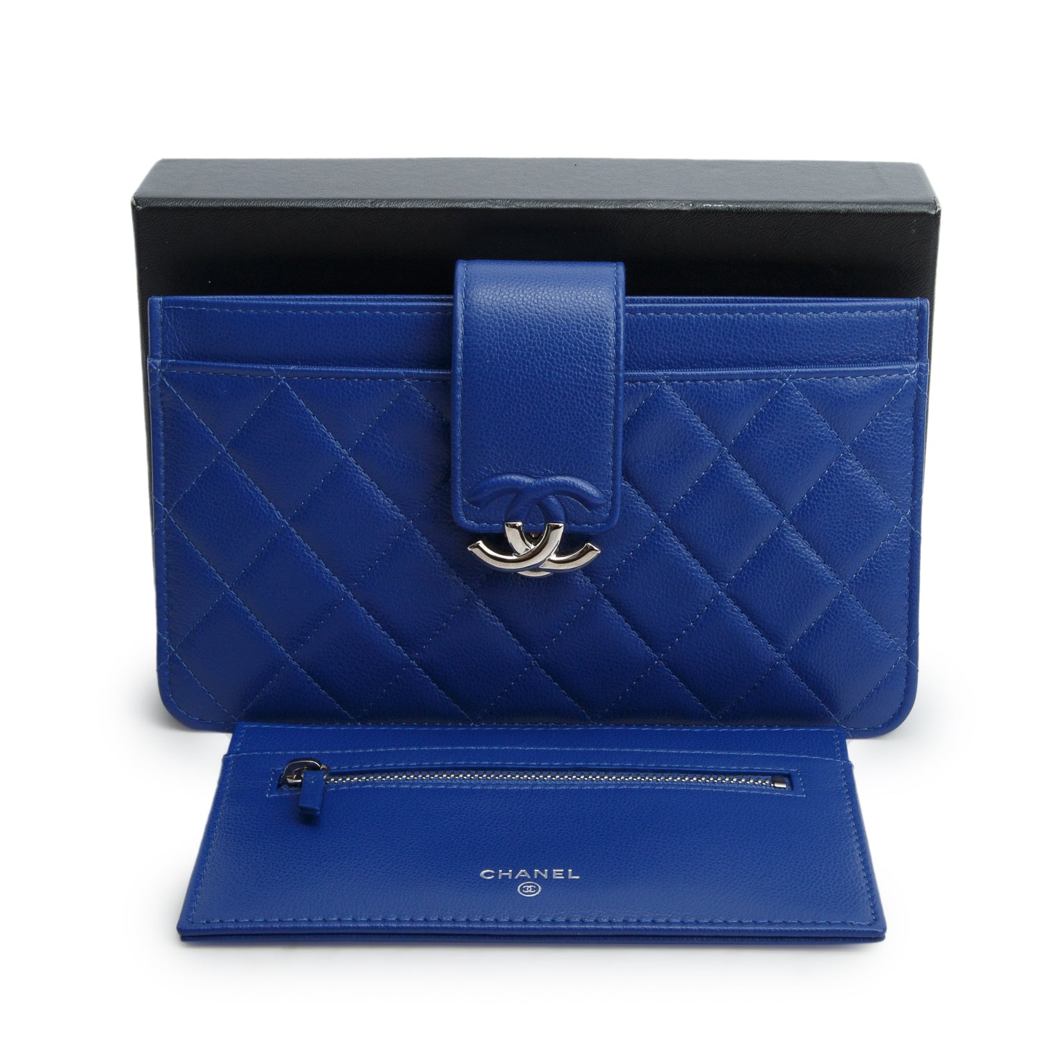 Chanel Blue Caviar Quilted Leather CC Box Wallet w/ Box & Pouch