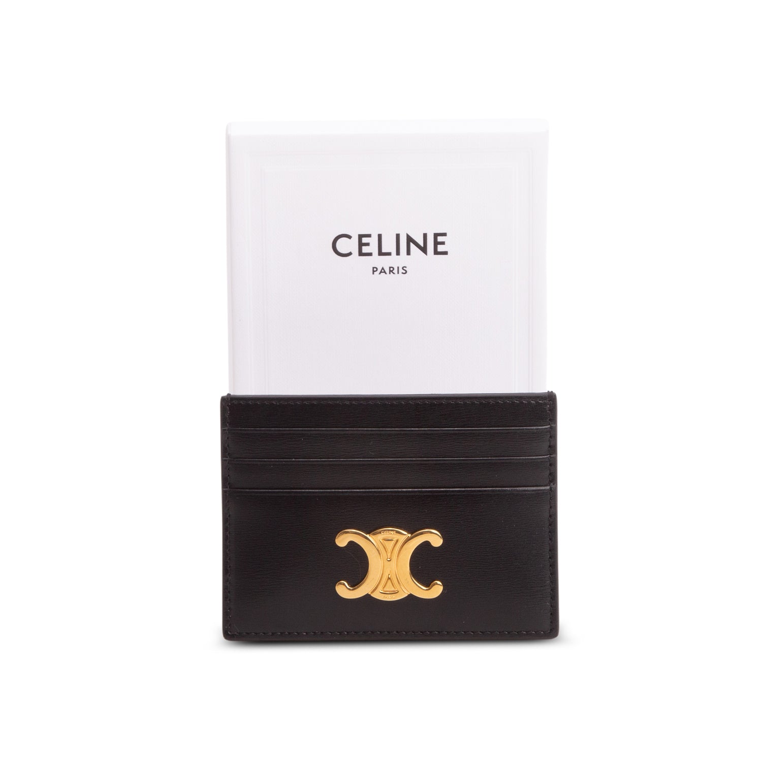 Celine 2024 Black Shiny Calfskin Triomphe Logo Card Holder w/ Box