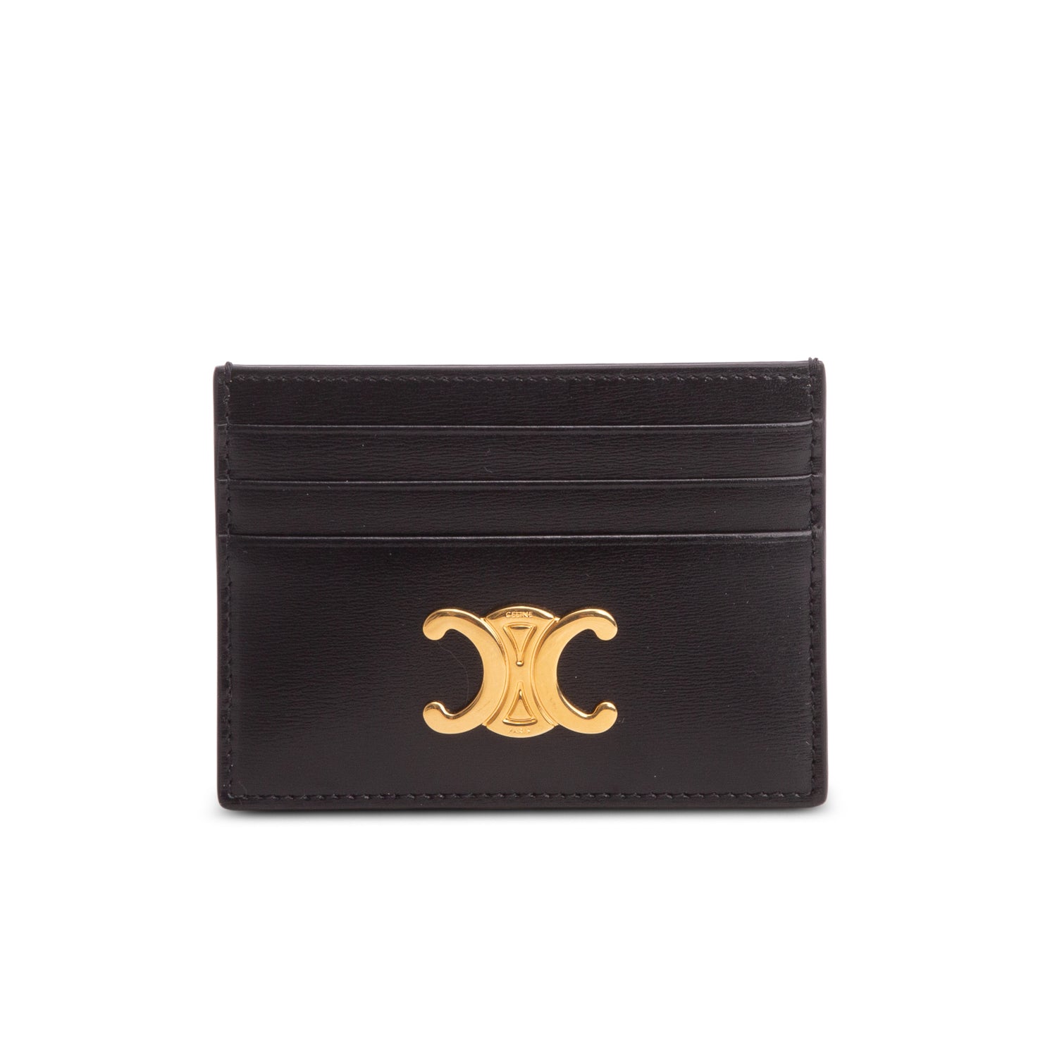 Celine 2024 Black Shiny Calfskin Triomphe Logo Card Holder w/ Box