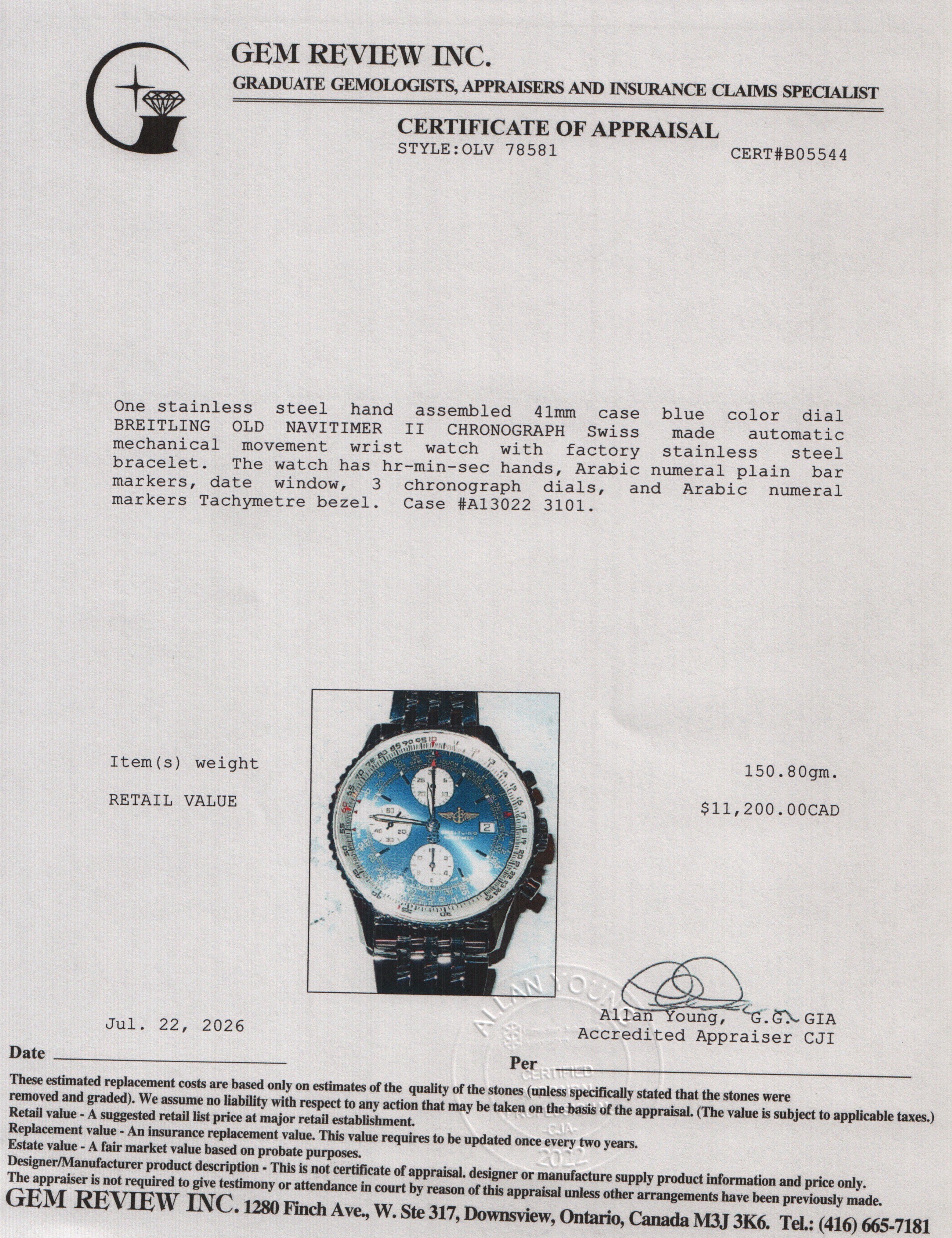 Breitling Stainless Steel Old Navitimer II 41 MM Chronograph Automatic Watch Blue Dial A13022 w/ Box & Extra Strap