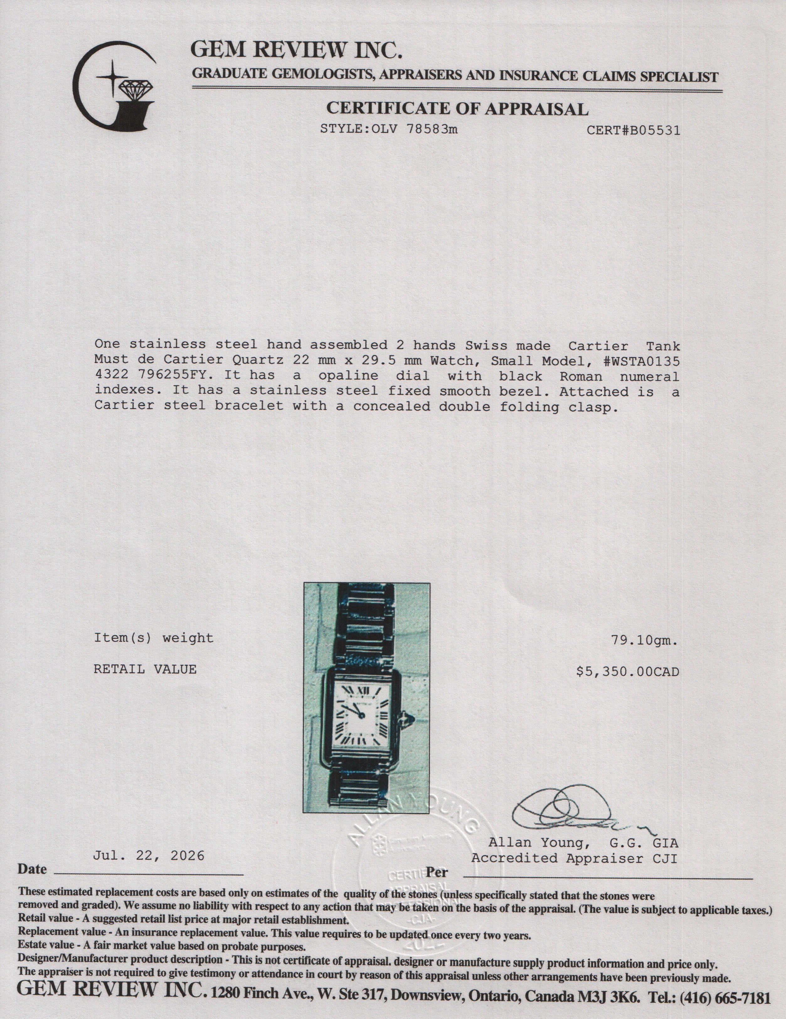 Cartier 2025 Stainless Steel Tank Must de Cartier Quartz Watch, Small Model 4322 w/ Box & Papers