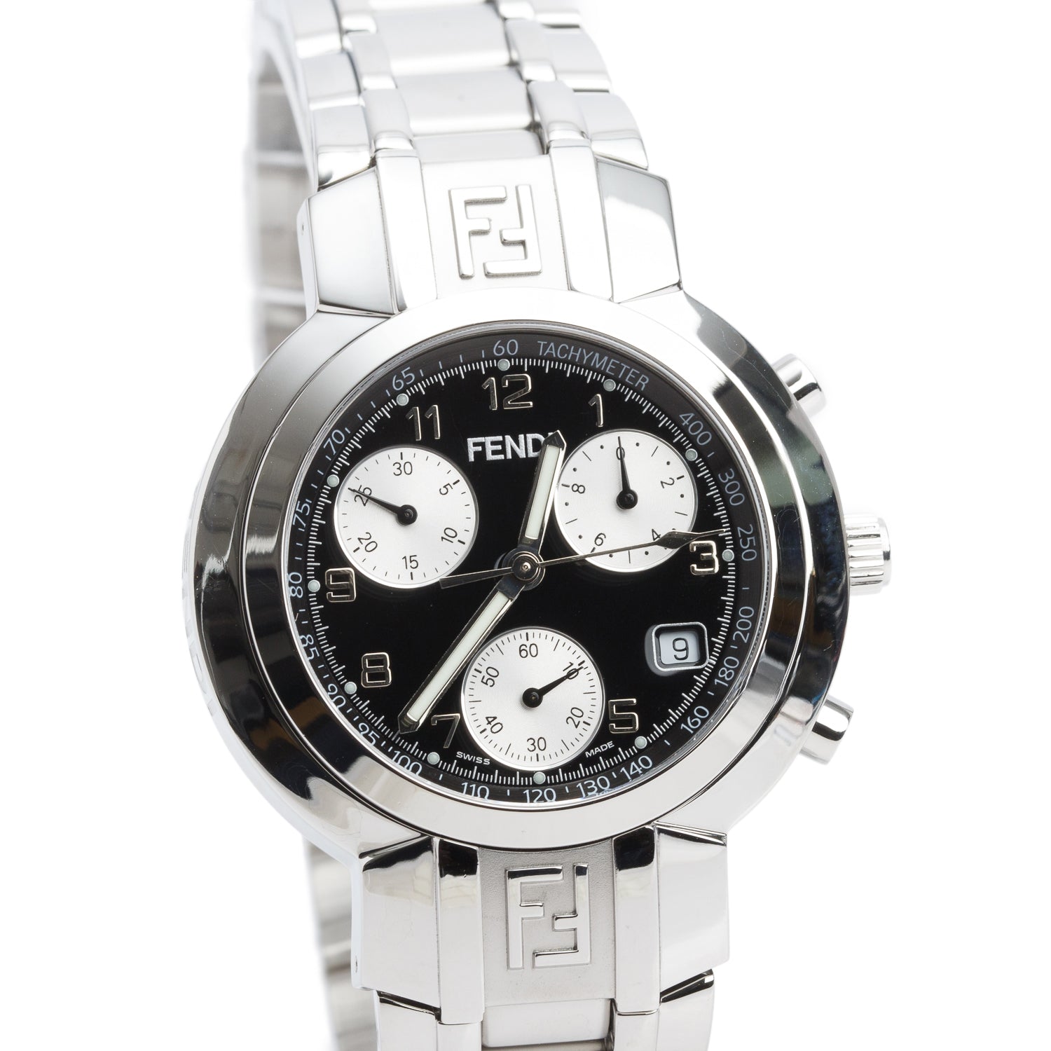 Fendi Stainless Steel 4500G Orologi 39 MM Chronograph Quartz Watch Black Dial w/ Box
