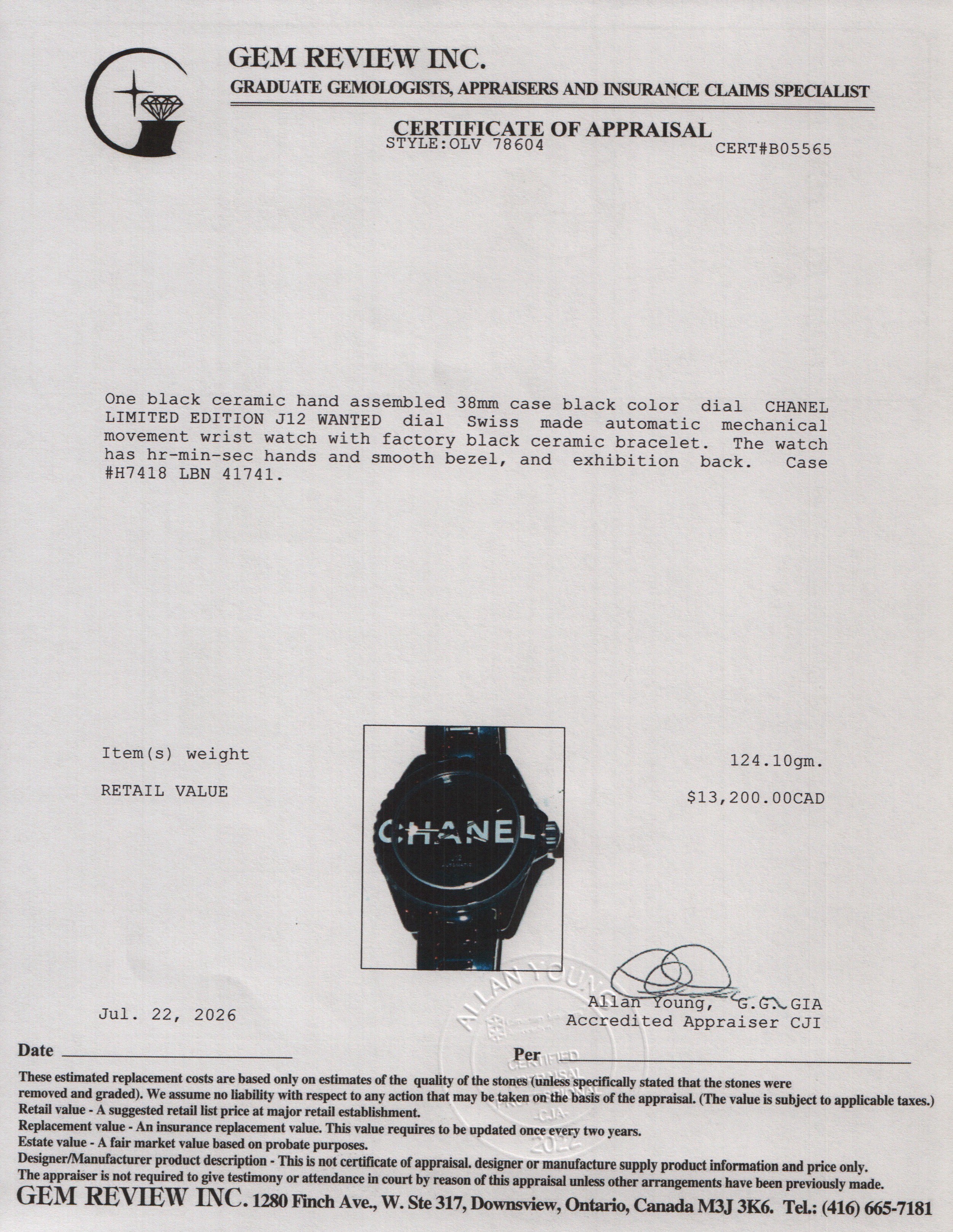 Chanel Limited Edition Black Ceramic J12 Wanted 38 MM Automatic Watch H7418 w/ Box & Papers