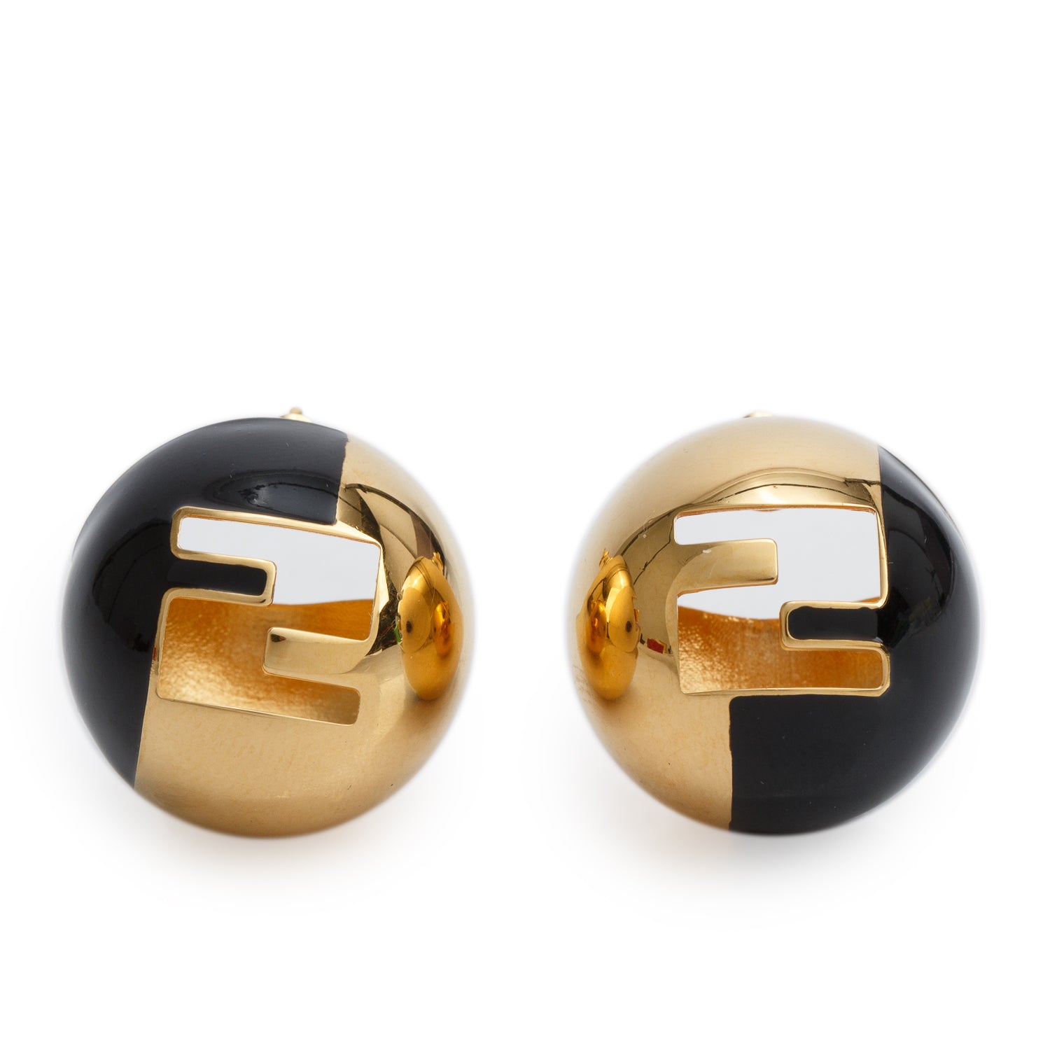 Fendi Gold-Tone Metal Black Resin FF Sphere Earrings w/ Box