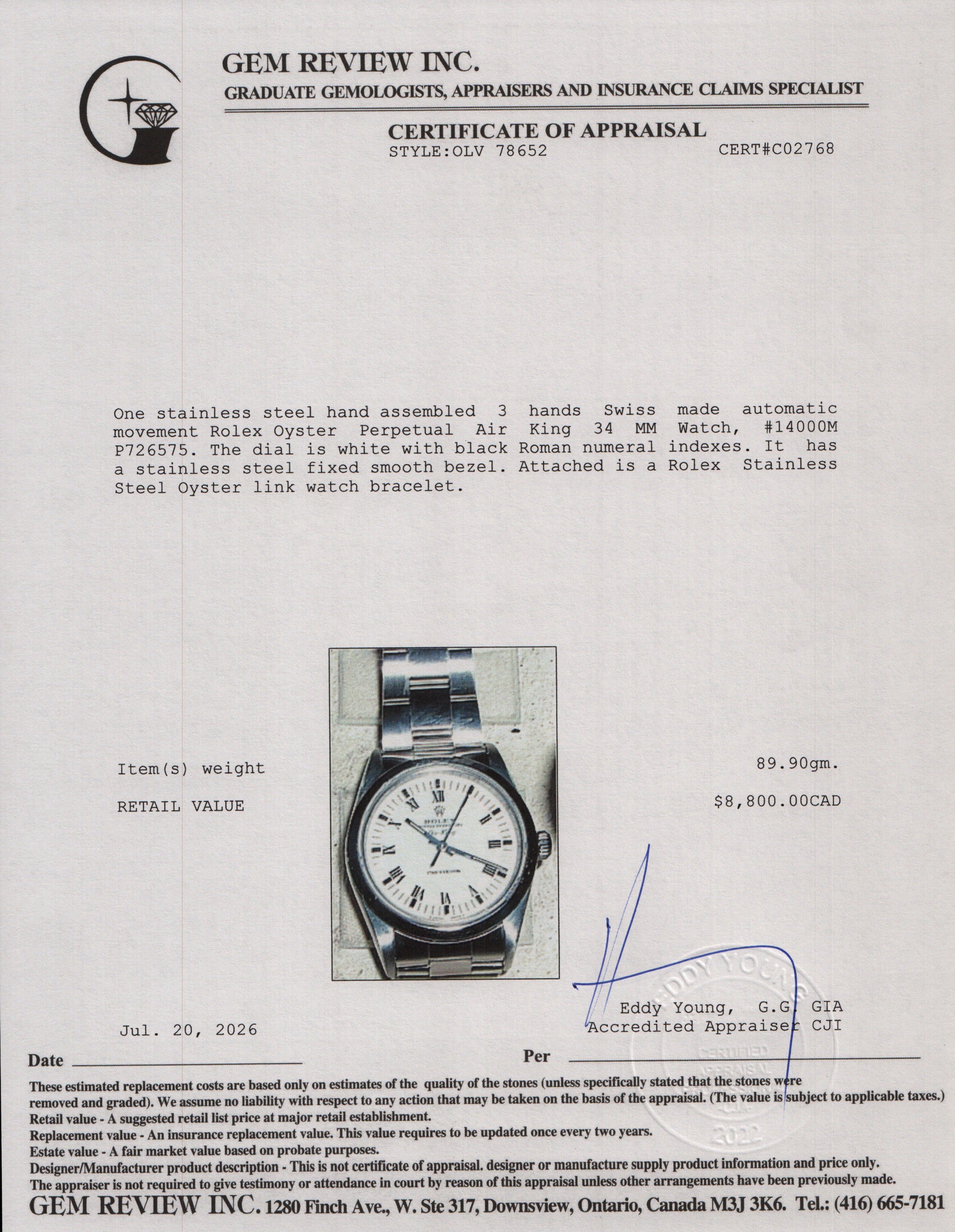 Rolex Stainless Steel Oyster Perpetual Air King 34 MM Watch White Dial 14000M