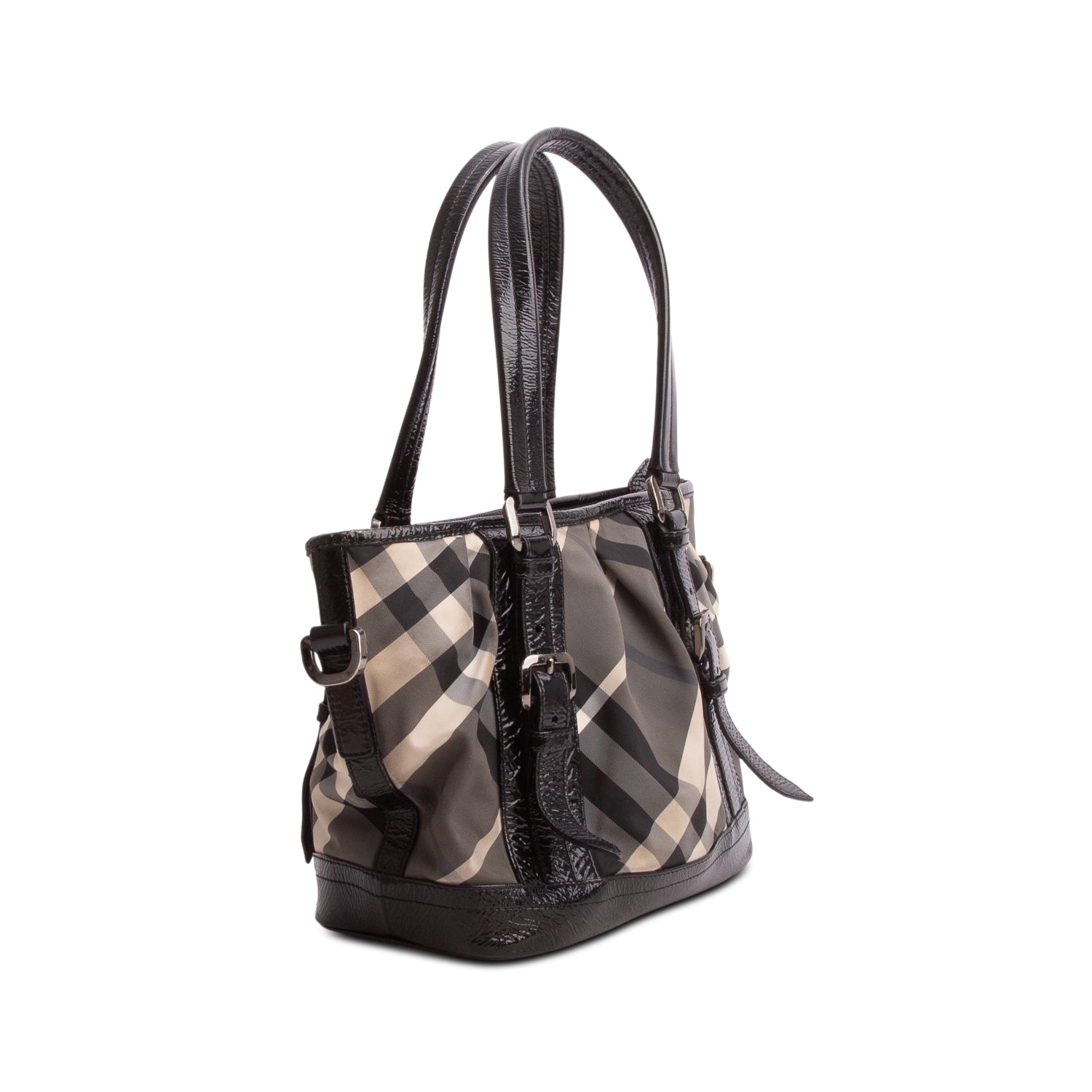 Burberry Black Beat Check Nylon Patent Leather Medium Lowry Tote