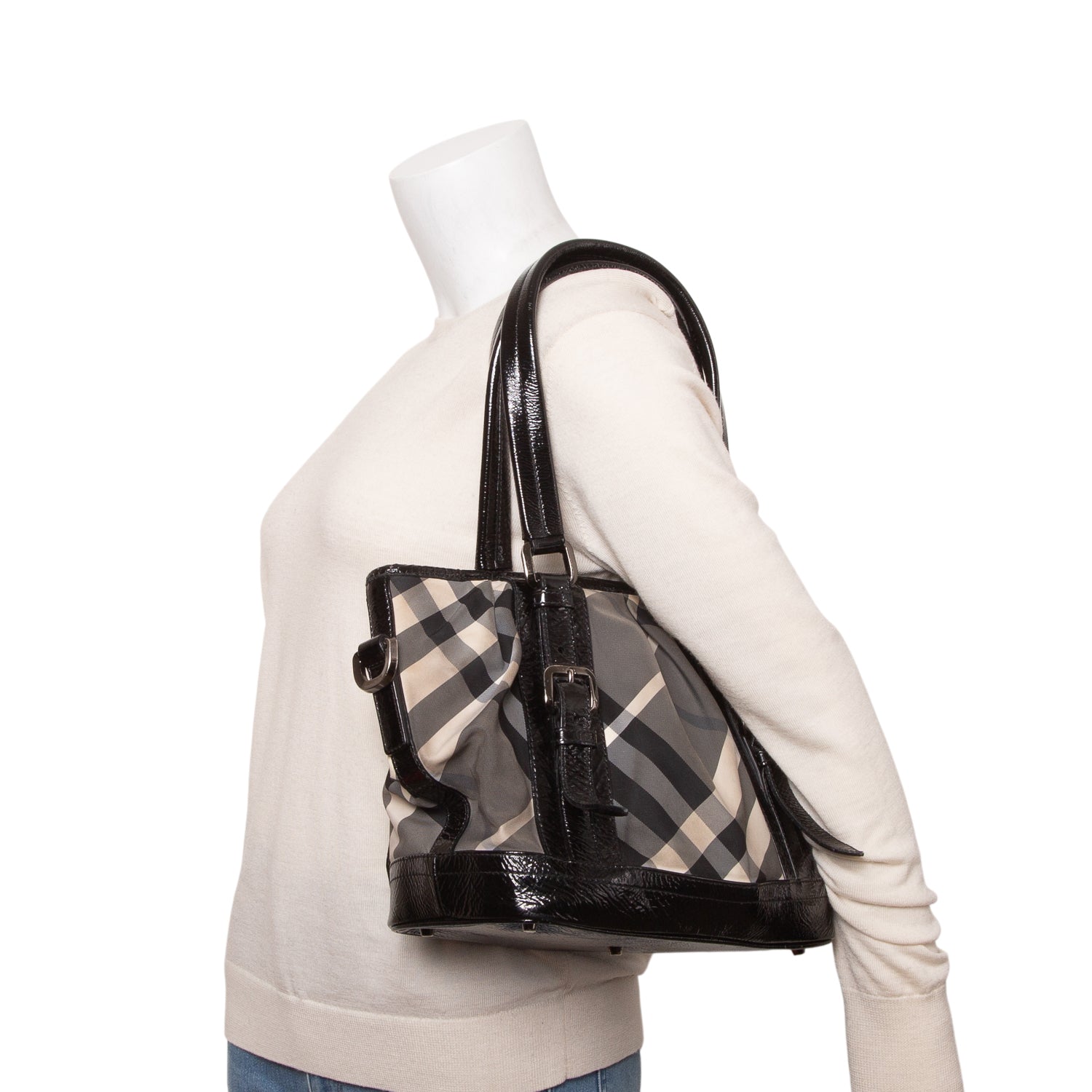 Burberry Black Beat Check Nylon Patent Leather Medium Lowry Tote