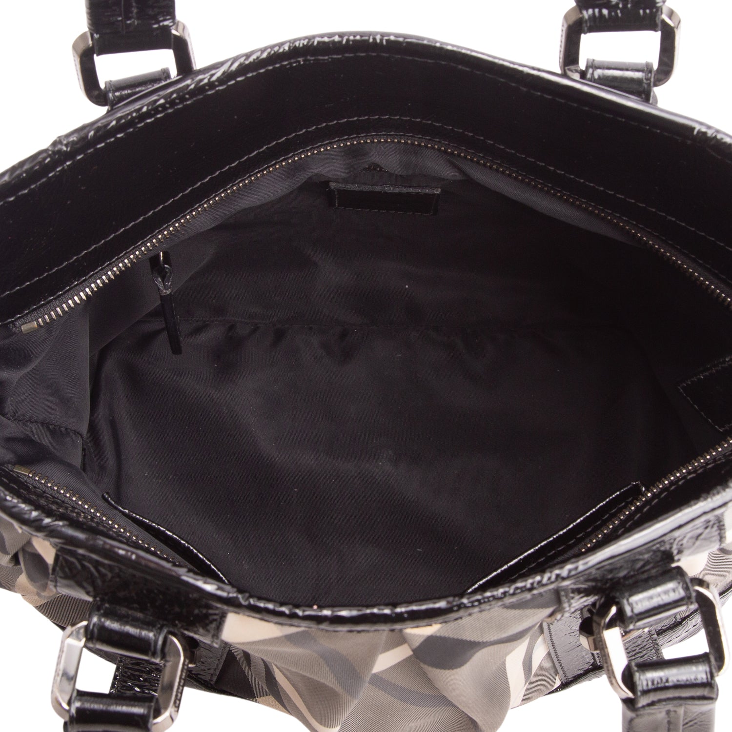 Burberry Black Beat Check Nylon Patent Leather Medium Lowry Tote