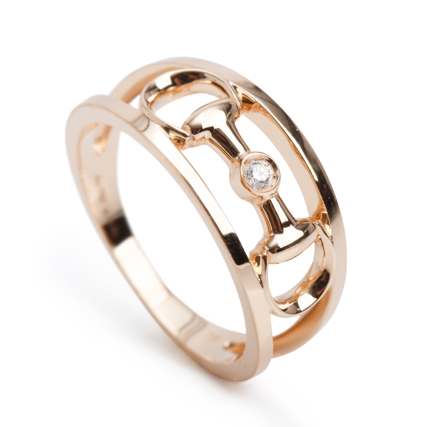 Gucci 18k Rose Gold Diamond Horsebit Ring, Size 16 7.5 w/ Box
