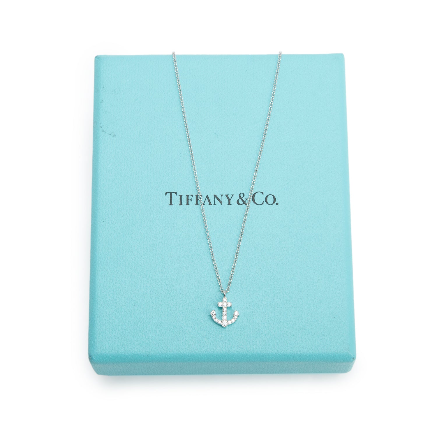 Tiffany & Co. 18k White Gold Diamond Mini Anchor Pendant Necklace w/ Box