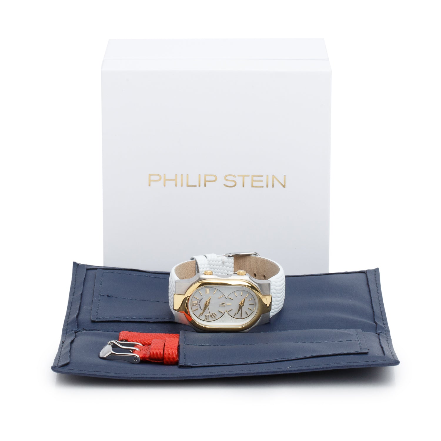 Philip Stein Gold Plated & Stainless Steel Classic Signature Watch Mother of Pearl Dial w/ Box & Extra Strap