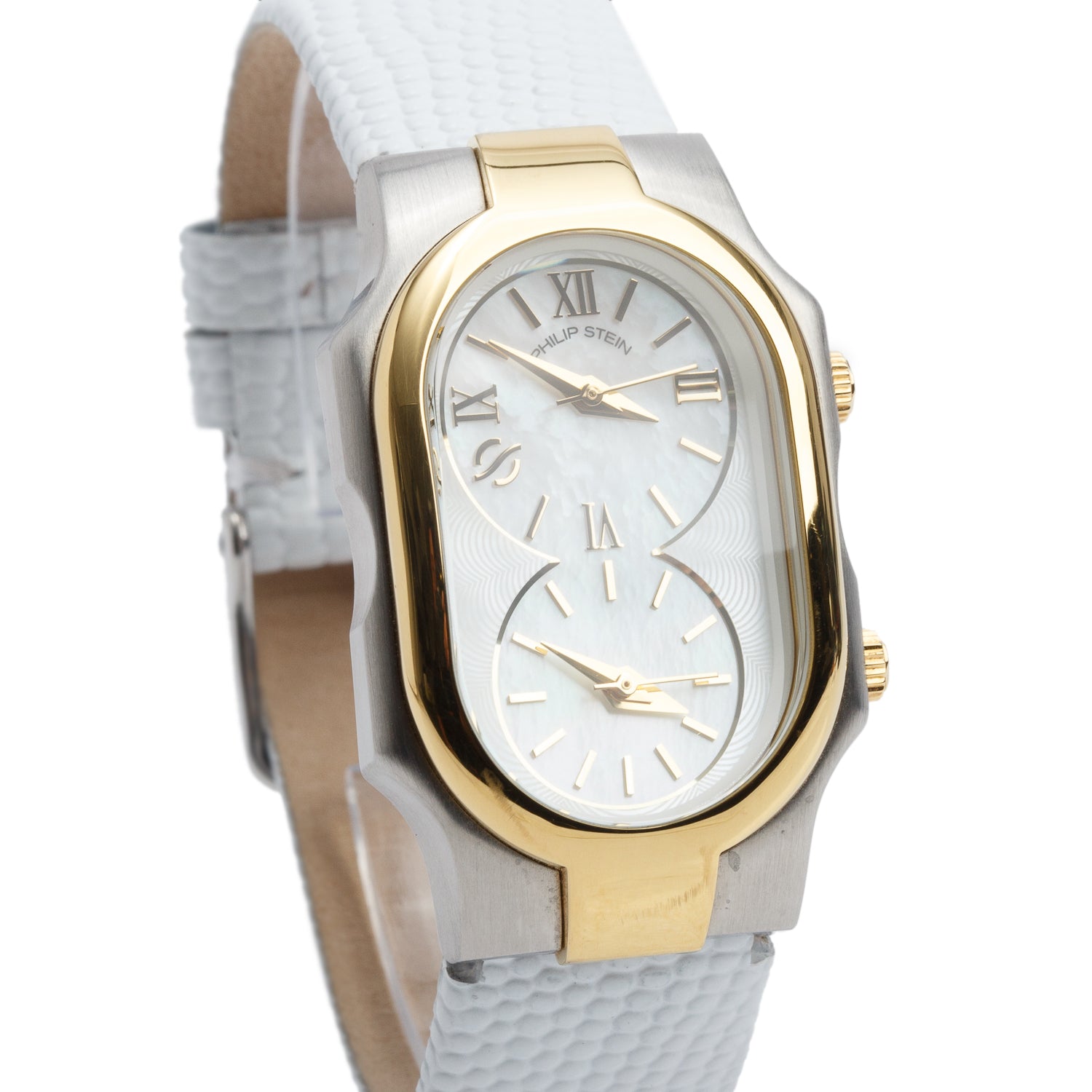 Philip Stein Gold Plated & Stainless Steel Classic Signature Watch Mother of Pearl Dial w/ Box & Extra Strap