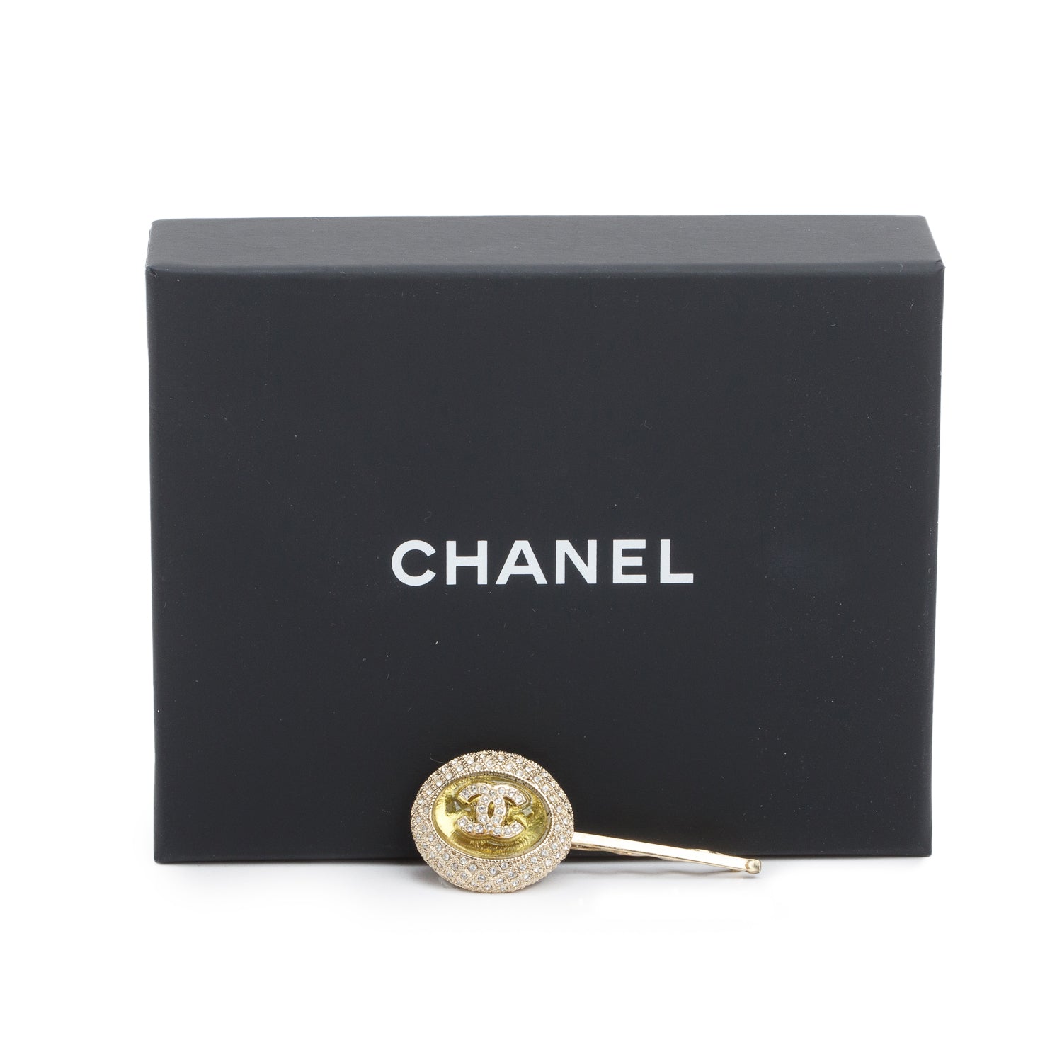 Chanel Gold-Plated Resin Strass CC Logo Hair Clip Barrette w/ Box