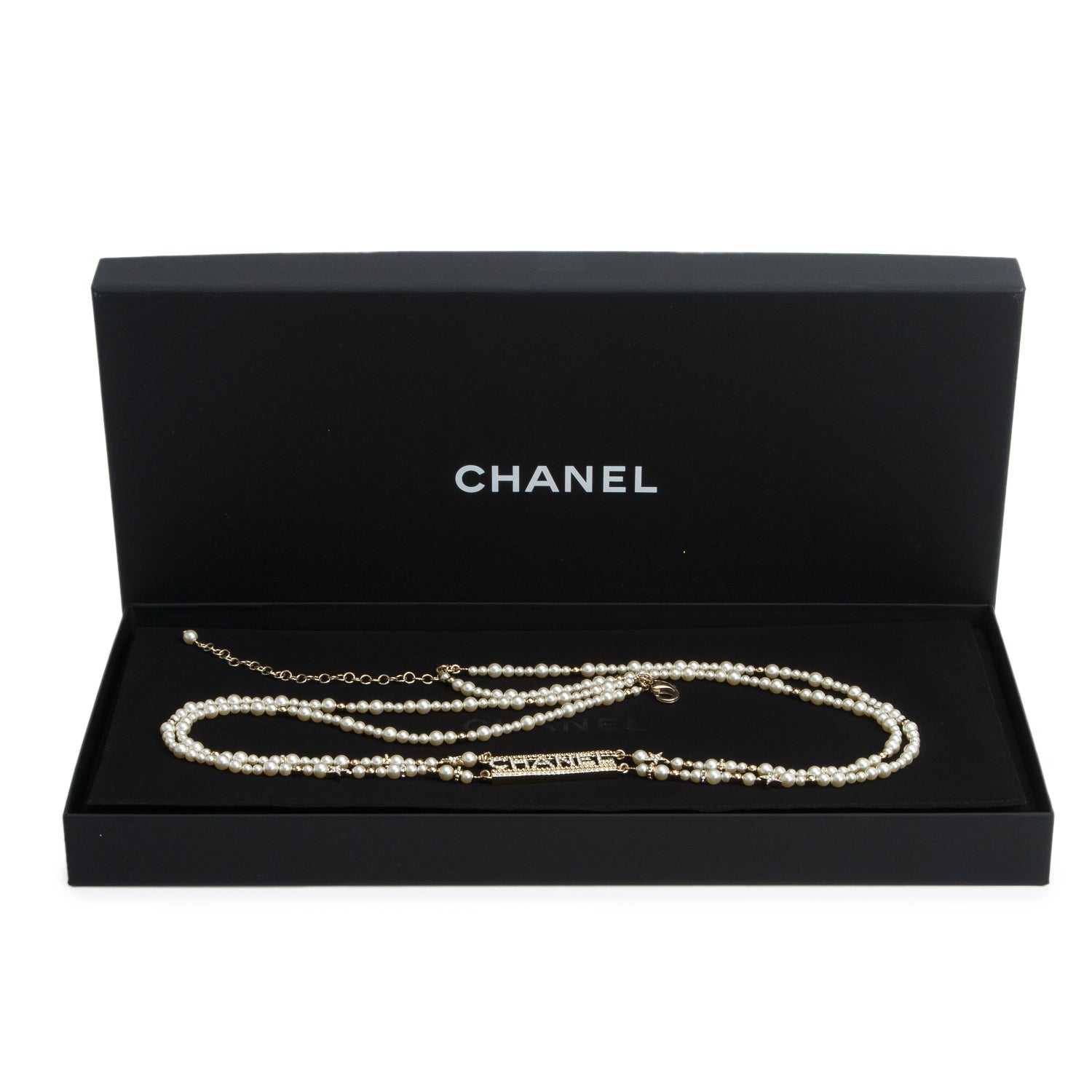 Chanel 2024 Gold-Plated Faux Pearl Strass Stars CC Logo Necklace or Belt w/ Box