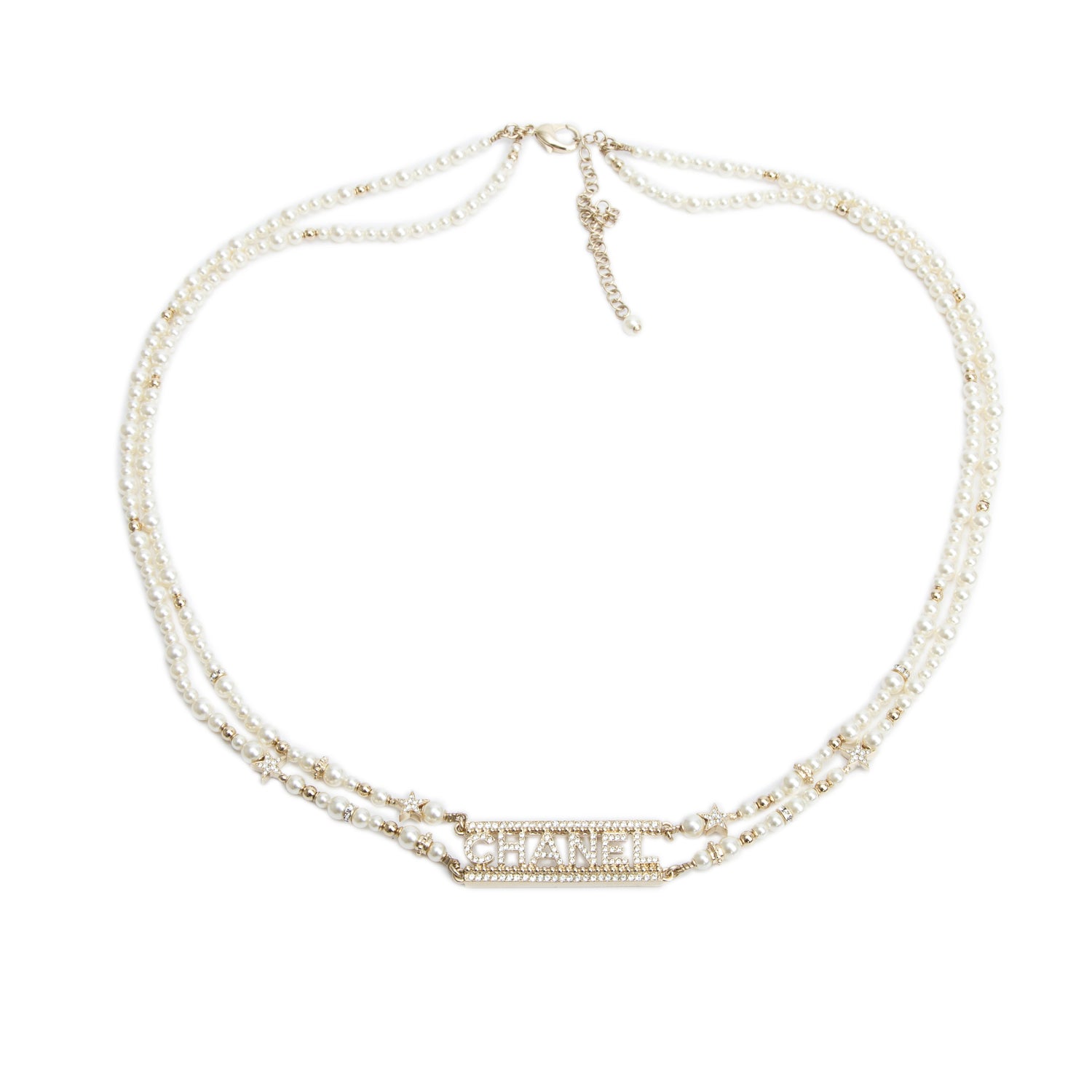 Chanel 2024 Gold-Plated Faux Pearl Strass Stars CC Logo Necklace or Belt w/ Box