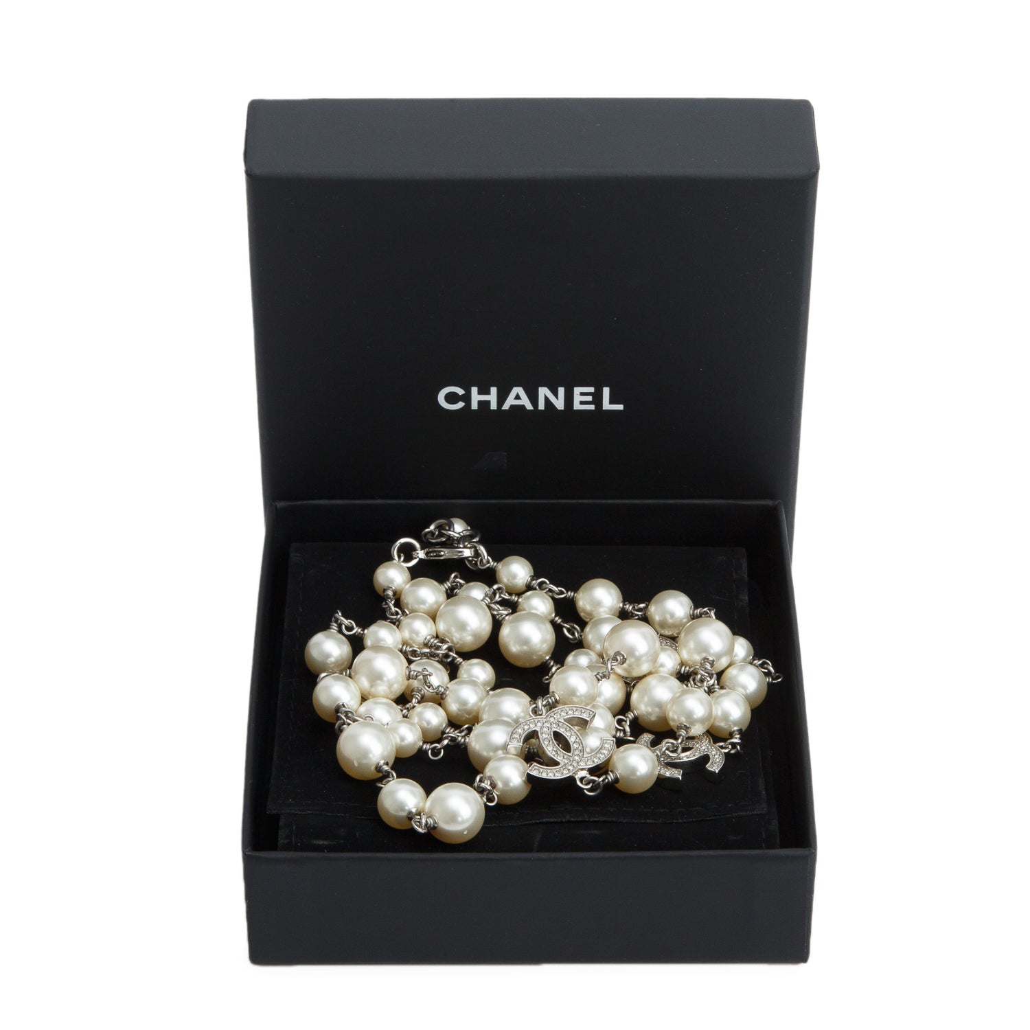 Chanel 2020 Palladium-Plated Faux Pearl & Strass CC Station Necklace w/ Box