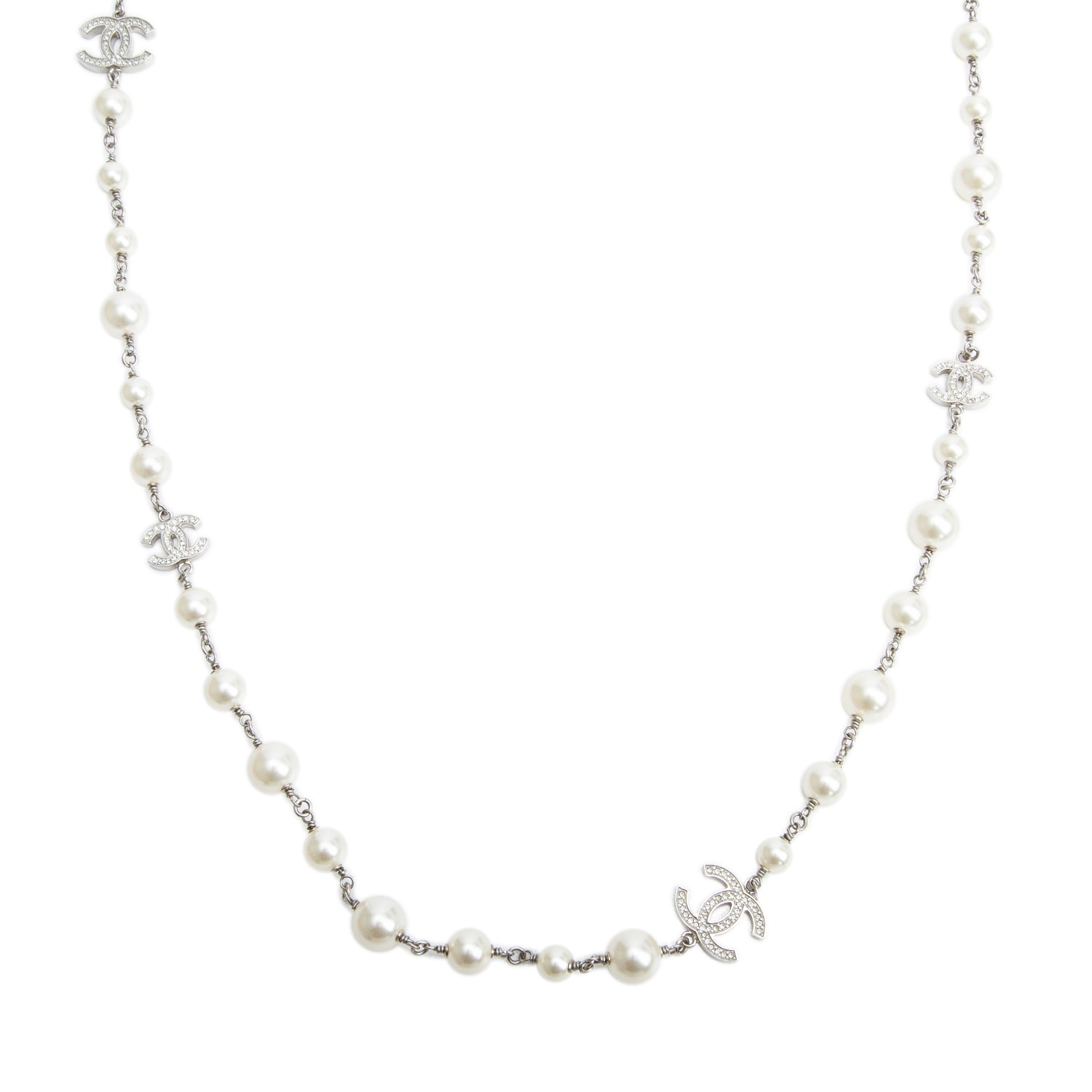 Chanel 2020 Palladium-Plated Faux Pearl & Strass CC Station Necklace w/ Box