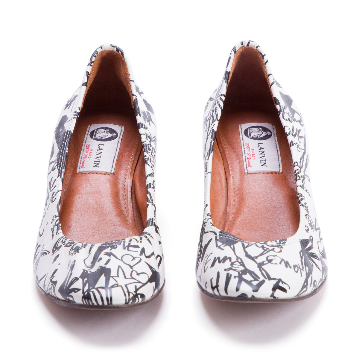 Lanvin White Calfskin Graffiti Ballerina Heels, Women's Size 37.5 w/ Box
