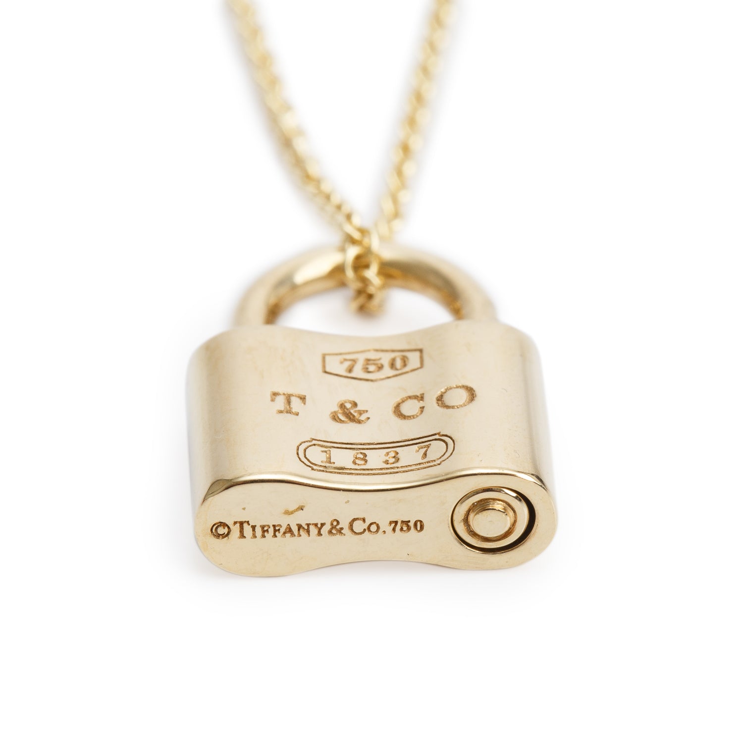Tiffany & Co. 18k Yellow Gold 1837 Padlock Pendant Necklace w/ Box
