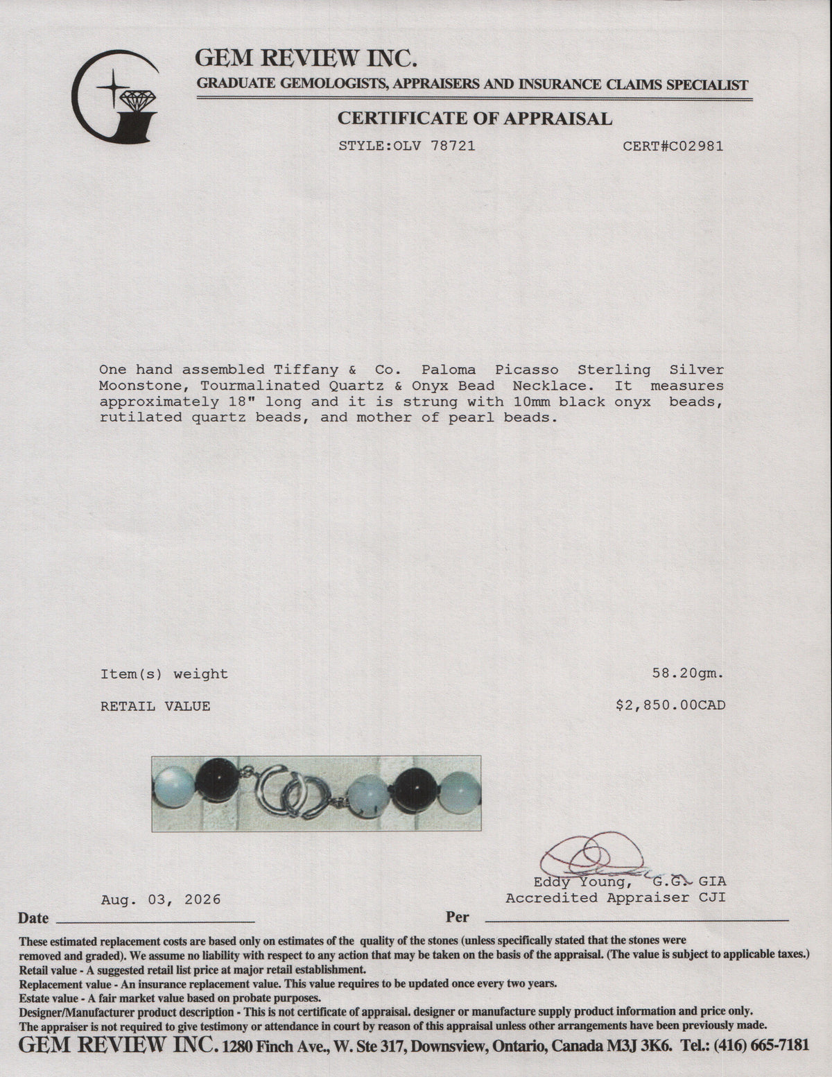 Tiffany & Co. Paloma Picasso Sterling Silver Moonstone, Tourmalinated Quartz & Onyx Bead Necklace