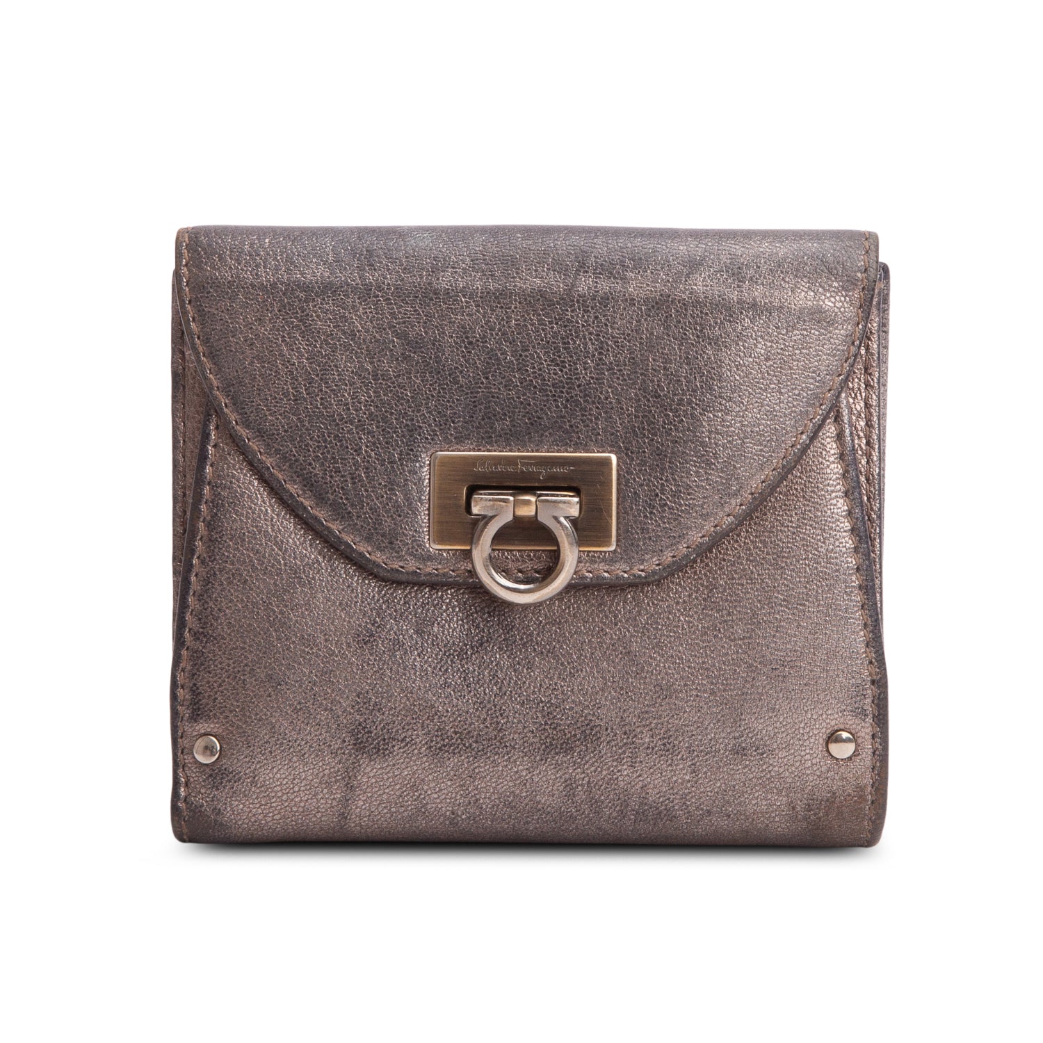 Ferragamo Silver Calfskin Gancini French Wallet